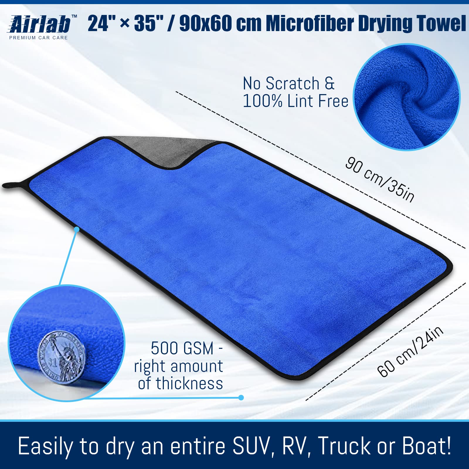 Airlab Xl Microfiber Towels For Cars Drying Super Absorbent Auto Detailing Plush Extra Large Ultra Soft, Lint-Free, Streak-Free, 24'' X 35'' - Pack Of 2