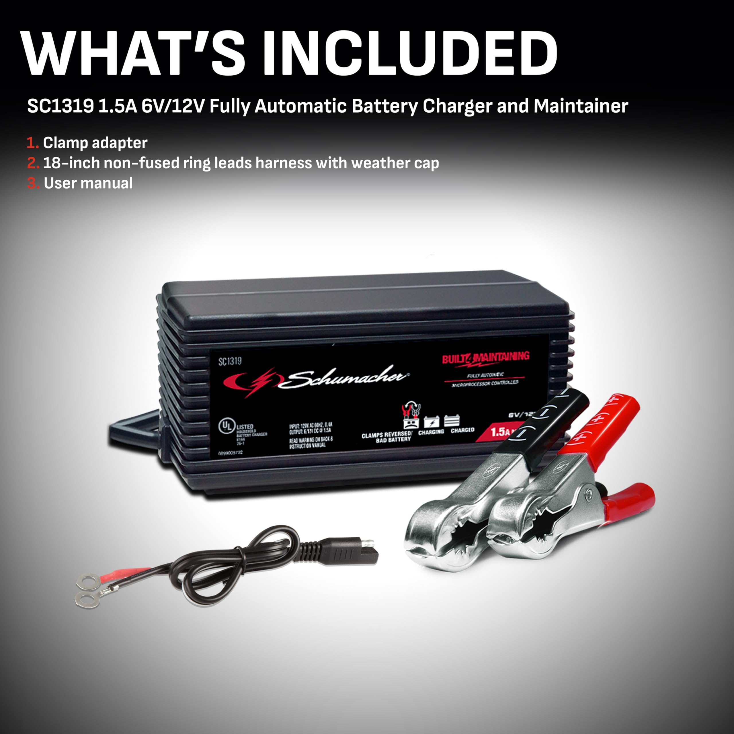 Schumacher Electric Battery Charger and Maintainer, 3-in-1, SC1319 - Fully Automatic, 1.5 Amp, 6 Volt and 12 Volt for Car, Power Sport and Marine Batteries