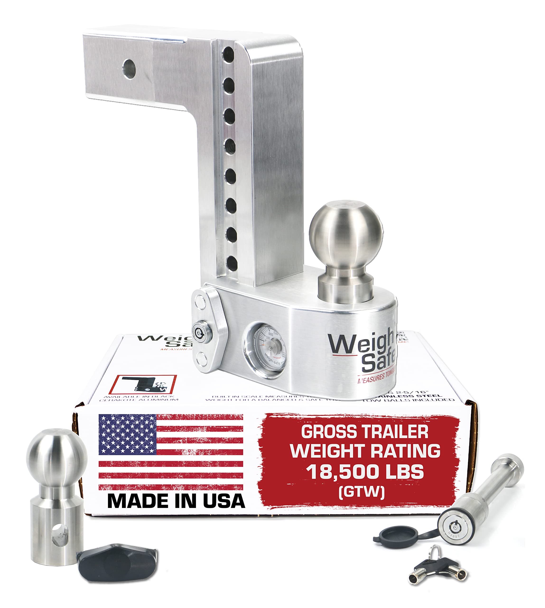 Weigh Safe Adjustable Trailer Hitch Ball Mount - 8'' Drop Hitch For 2.5'' Receiver W/ 2 Pc Keyed Alike Lock Set, Premium Aluminu
