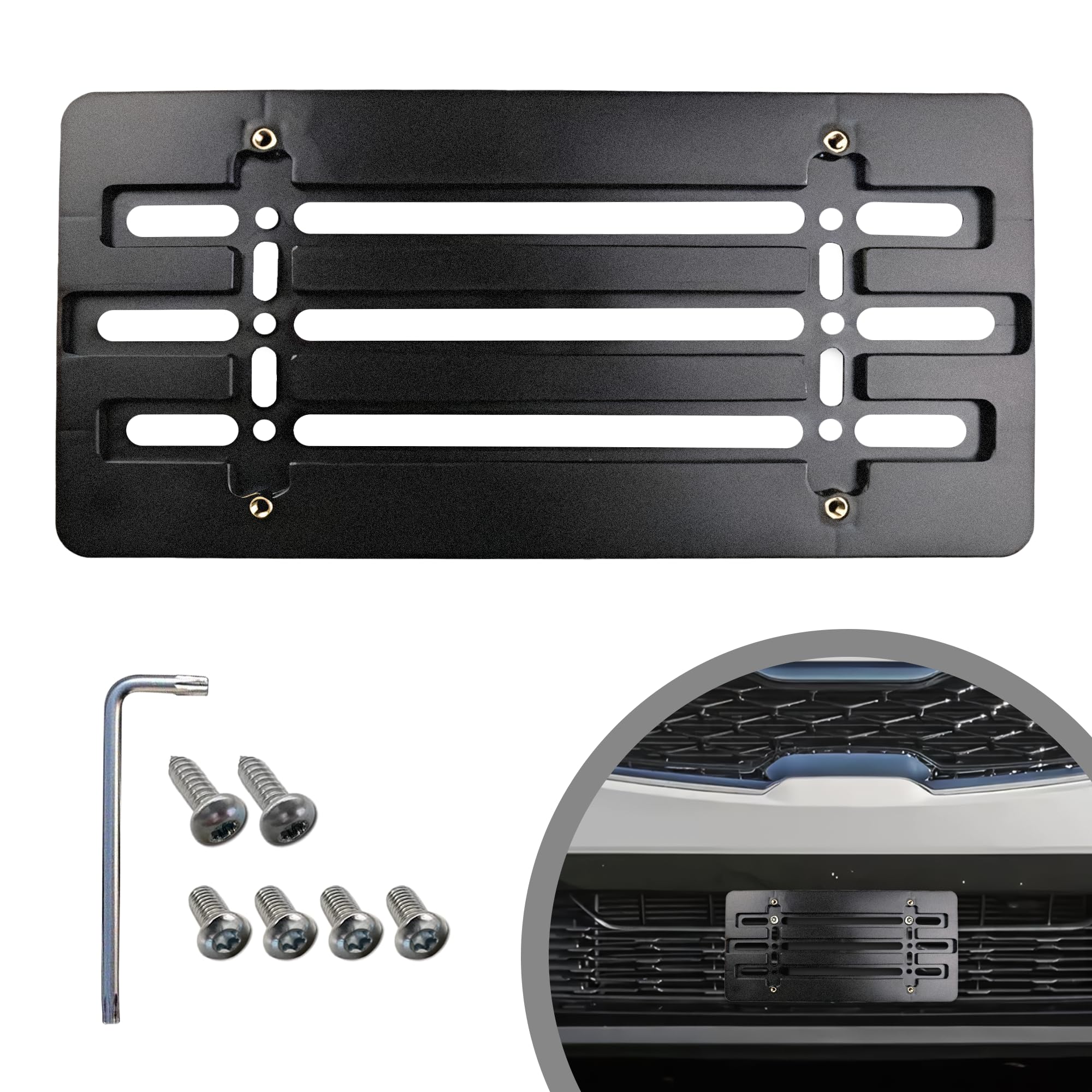 Front Bumper License Plate Bracket For Hyundai And Kia 2000-2023, Plate Holder Set W 6 Unique Screw Bolts & Wrench Kit, License Tag Mounting Kit, Quality Plate Holders, Car Accessories