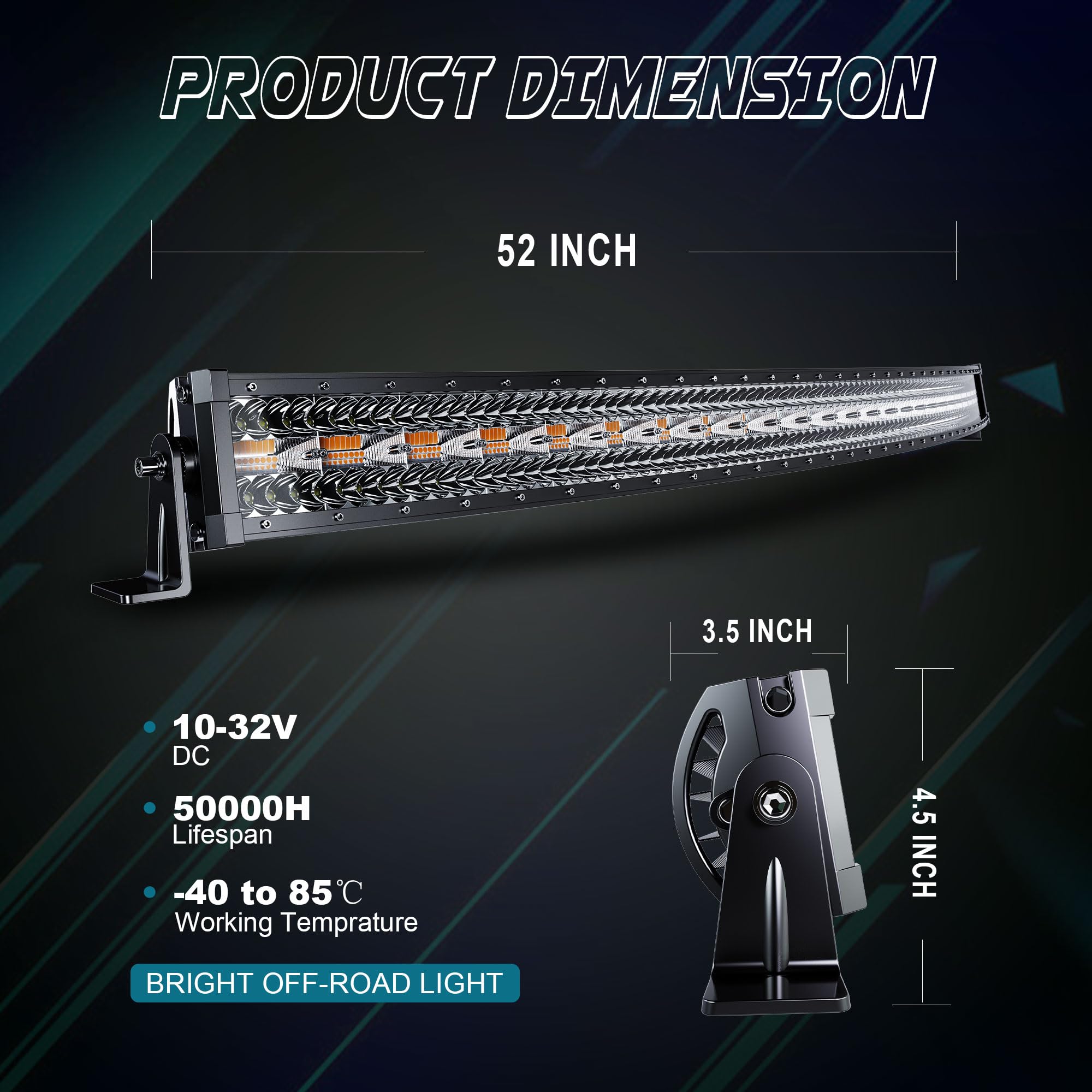 Slary 52 Inch 300W Curved Led Light Bar White/Amber Flasing Strobe Light With Six Modes Driving Fog Lights Spot Flood Combo Bumper Lights With Switch Wiring Harness For Offroad Truck 4Wd Suv Atv Utv