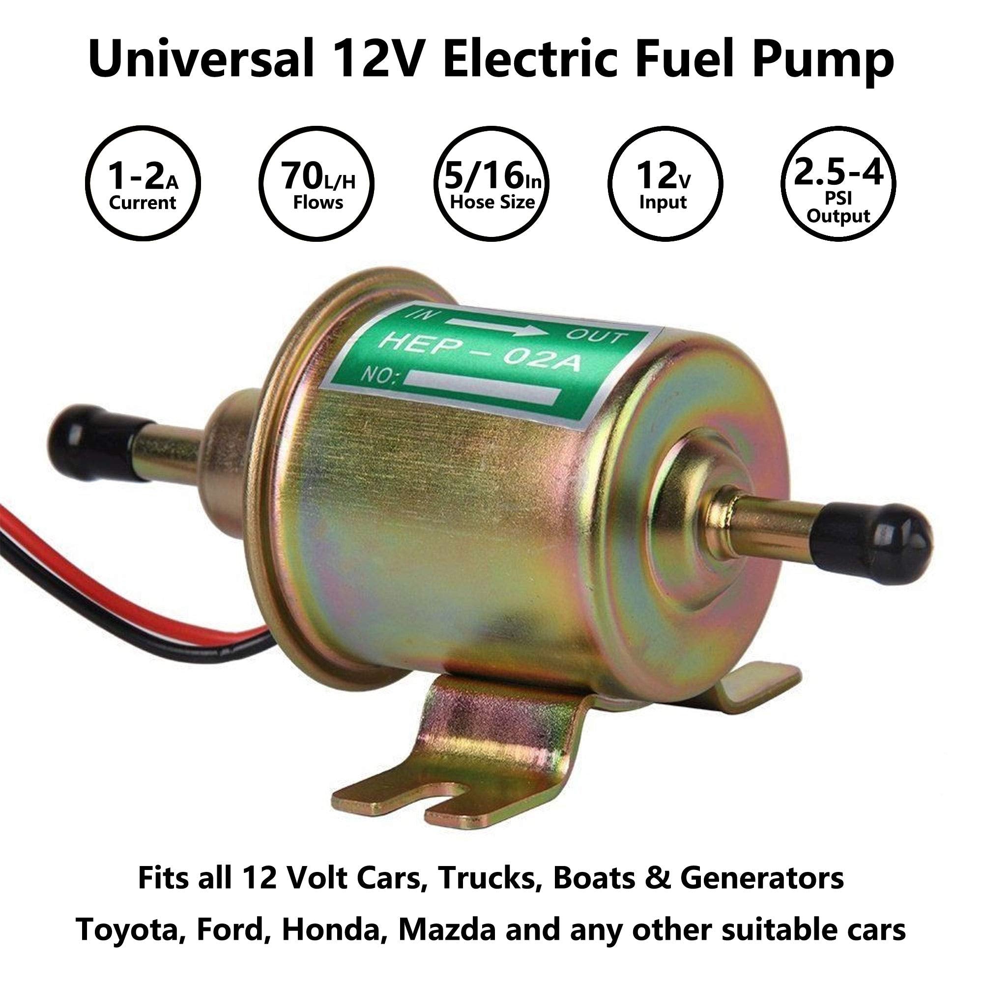 Electric Fuel Pump Inline Fuel Transfer Pump 12v Universal Low Pressure Gas Diesel Fuel Pump for Carburetor 2.5-4psi HEP-02A