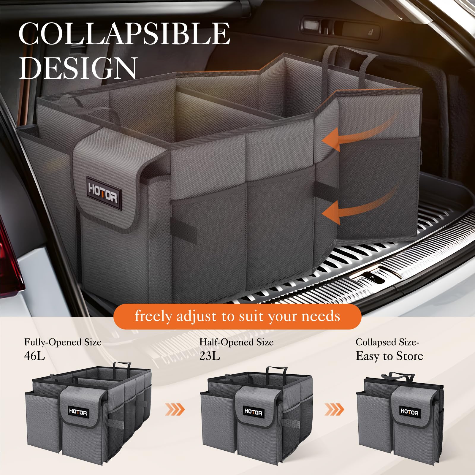 Hotor Foldable Trunk Organizer - 2-Compartment 21.3 ''  12.6 ''  10.6 '' Grey Suv & Sedan Organizer For Accessories, Tools And S