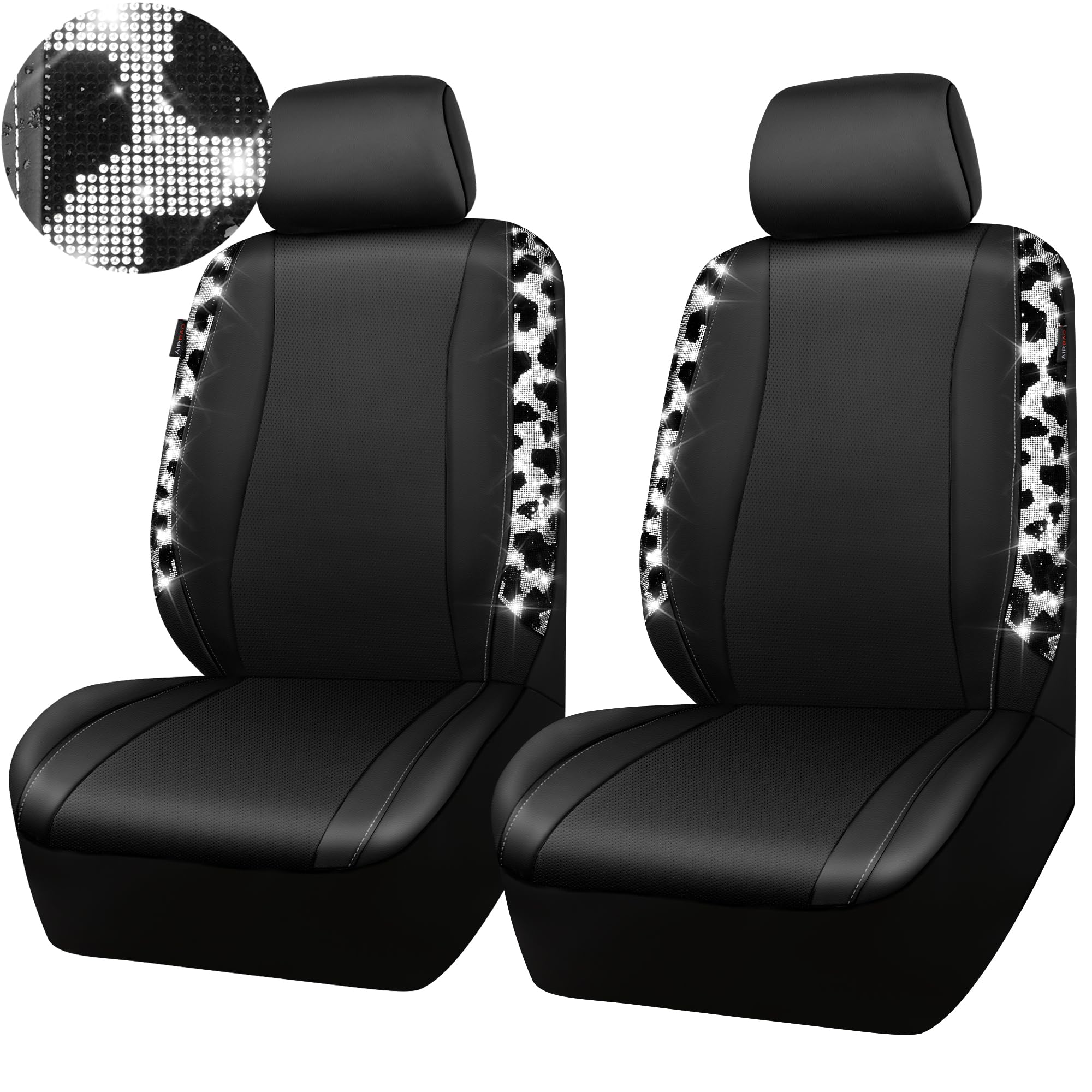 Car Pass Cow Diamond Leather Bling Car Seat Covers Universal, Faux Shining Rhinestones Two Front Only, Fit 95% Automotive Glitte