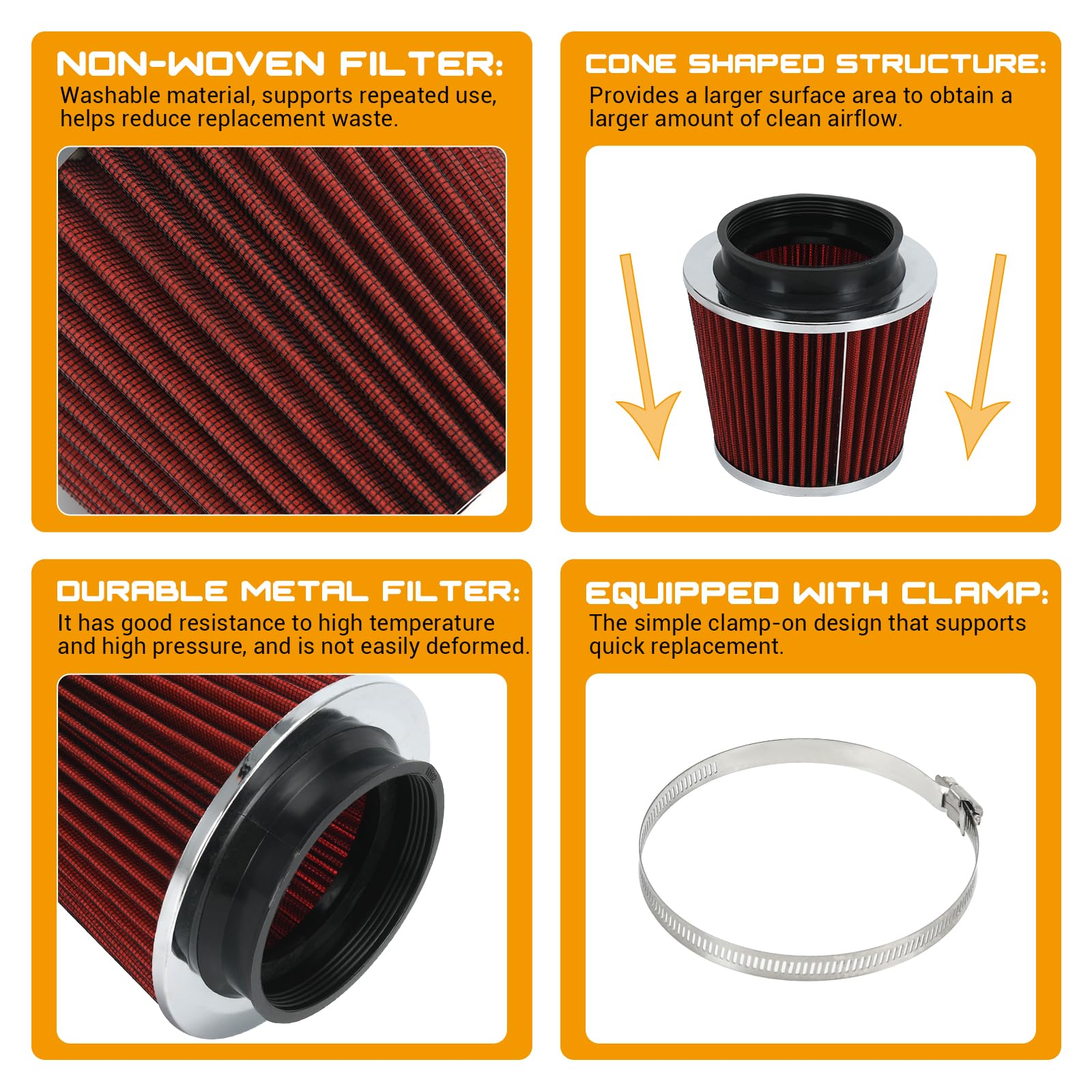 Ptnhz Universal Red 4'' 102Mm High Flow Cold Air Intake Cone Air Filter Power Intake Air Inlet System Air Cleaner