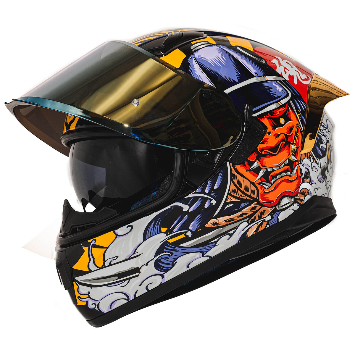 HAX Obsidian Full Face Dual Visor Adult Motorcycle Helmet for Motorbike Street Bike with Pinlock Ready DOT Approved Samurai Gold