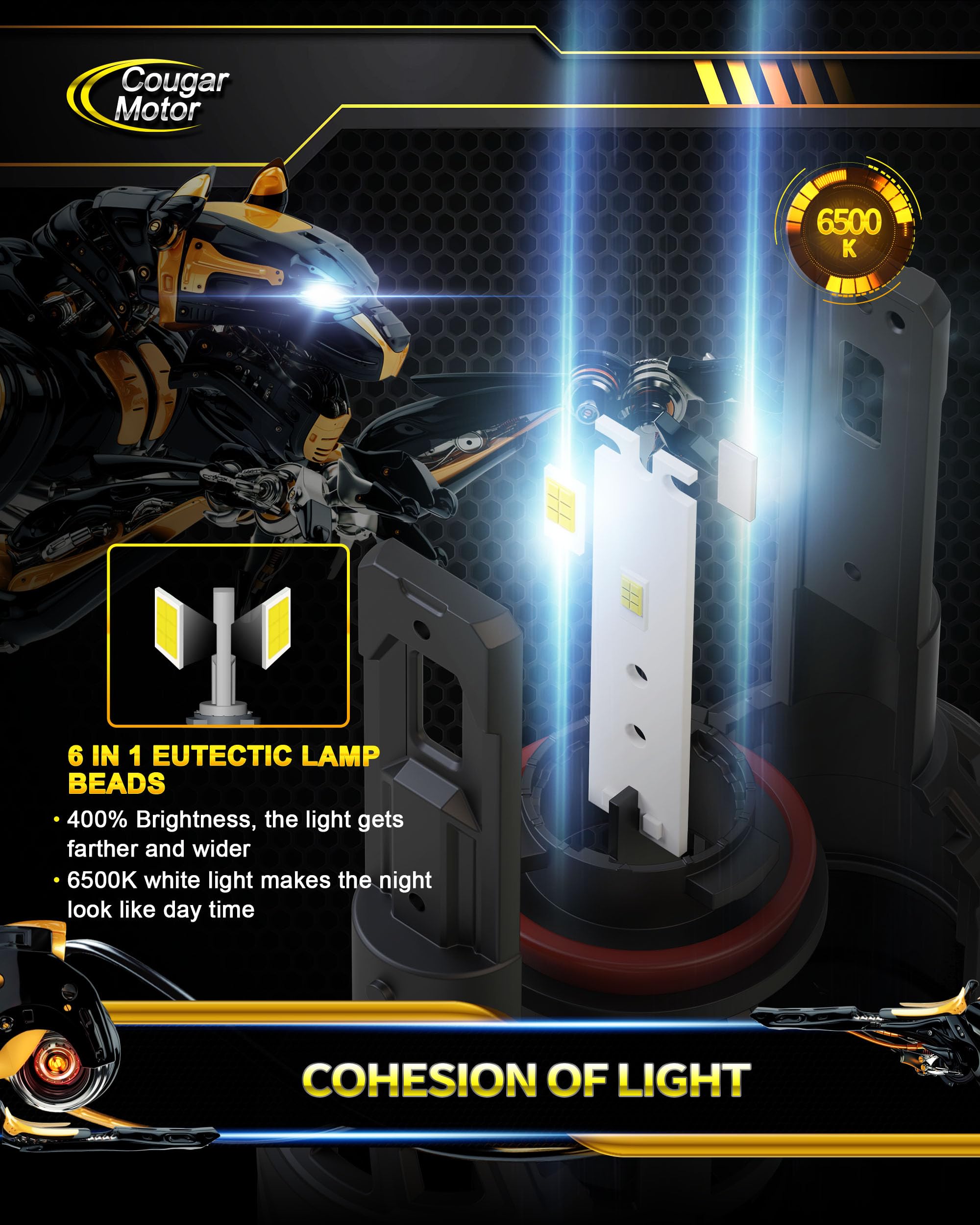 Cougar Motor H11 Led Bulbs, H11 Lights Bulb H9 H8 Fog Light 18000Lm 6500K Super Bright Plug And Play - Pack Of 2