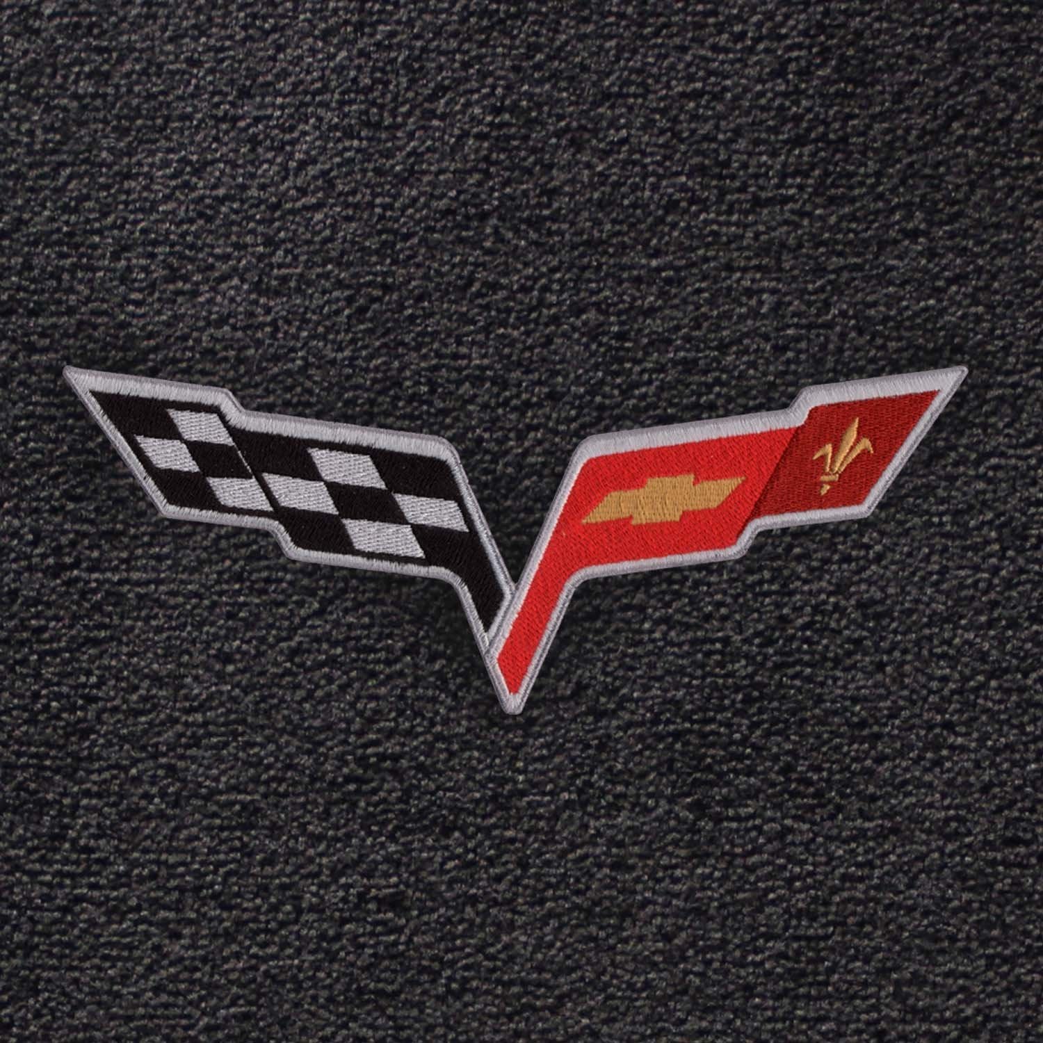 Fits 2007.5-2013 C6 Corvette Driver & Passenger Floor Mats Set; Black / Ebony Velourtex Fabric With Crossed Flags Logo Embroider