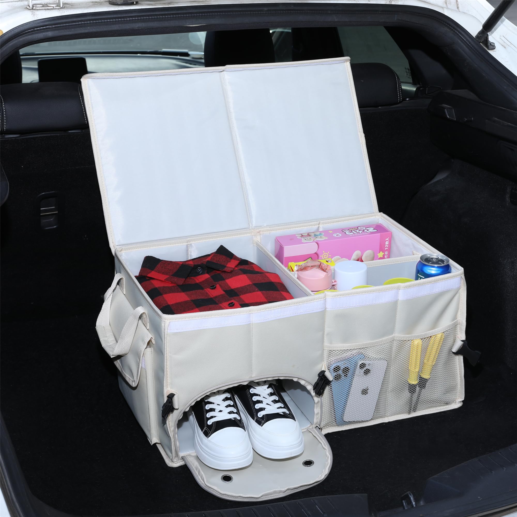 Aokjoy Car Trunk Organizer With Lid Car Storage Organizer Collapsible Multi Compartment Car Organizerwith Shoe Bag For Suv(Beige