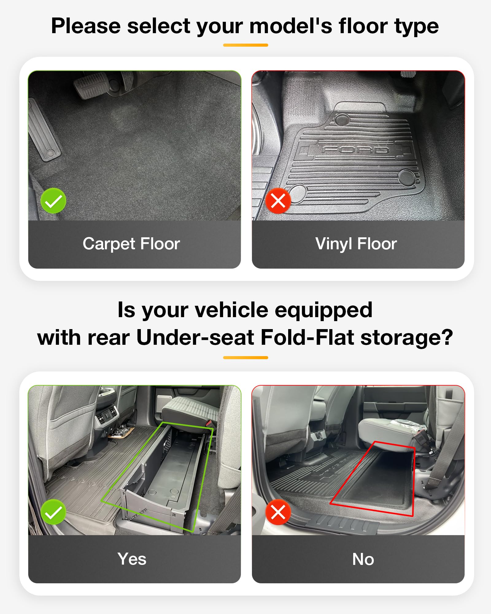 3W Floor Mats Fit For Ford F250 F350 F450 F550 2017-2024 2025 Super Duty Crew Cab Bucket Seat With Under Seat Storage, All Weath