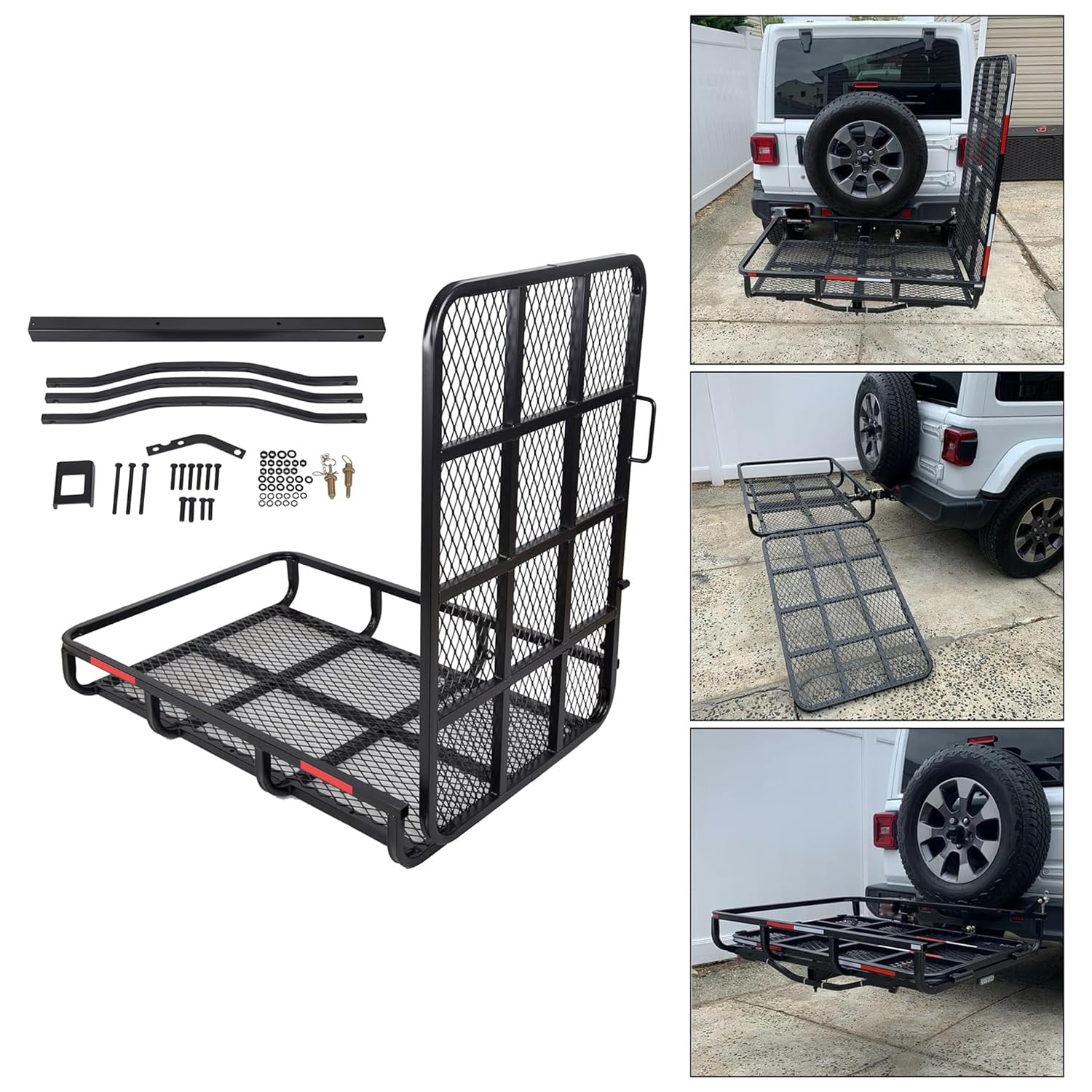 Ecotric Hitch Mount Wheelchair Carrier With Mobility Ramp For Wheelchair Scooter Lawn Mower Snow Blower Hauler 500Lb Capacity Basket-Style