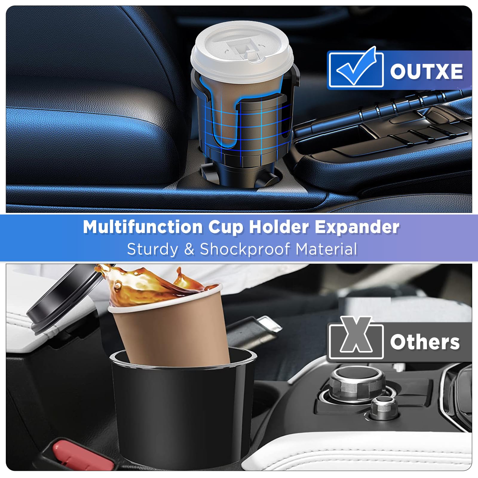 OUTXE Car Cup Holder Expander+Phone Mount, Adjustable Large Cupholder Extender Extra Expandable Drink Adapter Universal for Auto
