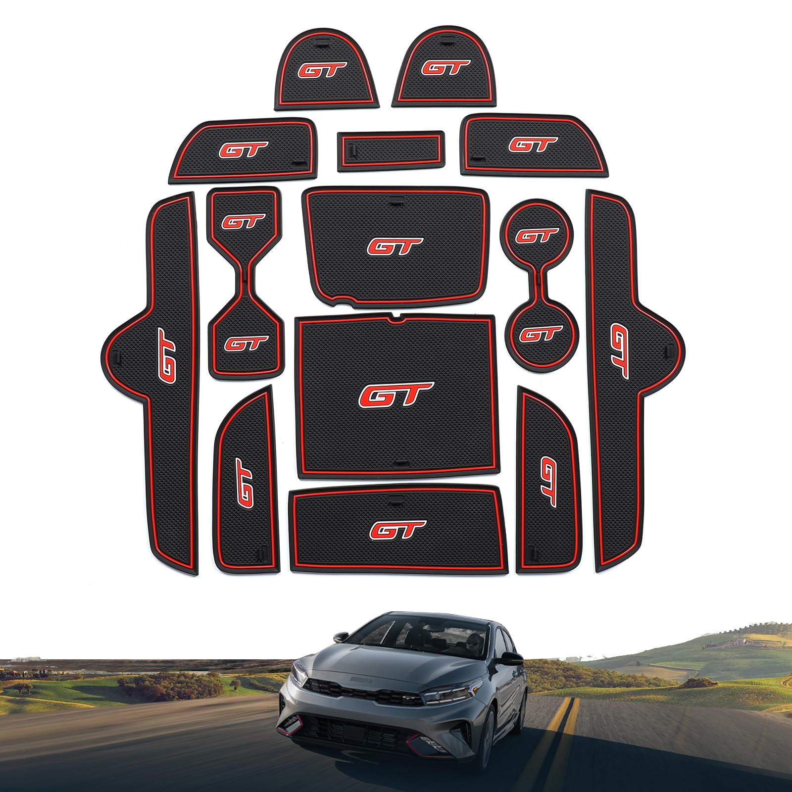 Center Console Liner Compatible With Kia Forte Gt/Gt-Line 2022 2023 2024 Center Console Liner Cup Holders Non-Slip Pad Inserts Accessories (Red)