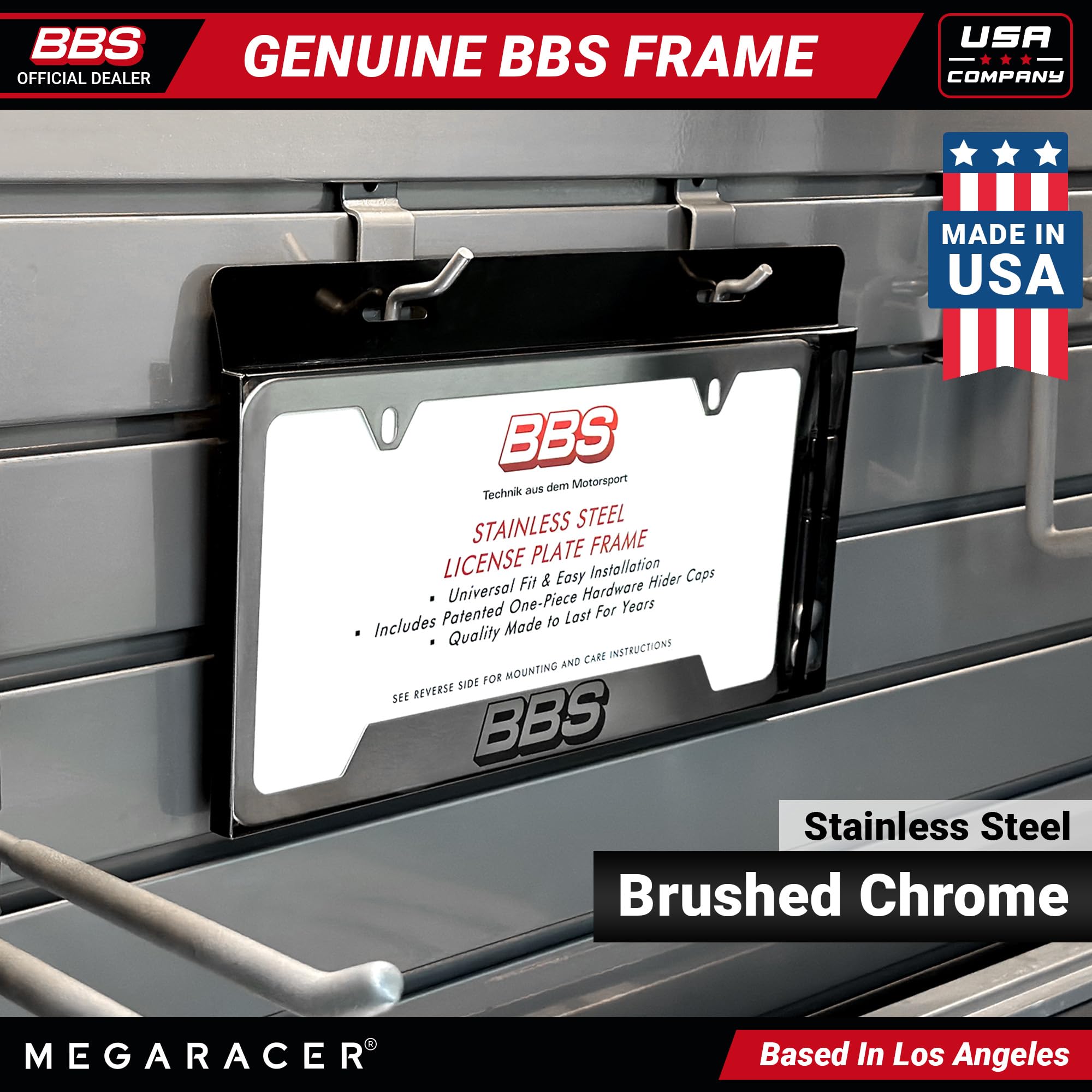 Mega Racer BBS License Plate Frame - Brushed Chrome Stainless Steel, Rustproof, Universal Fit, 1 Piece