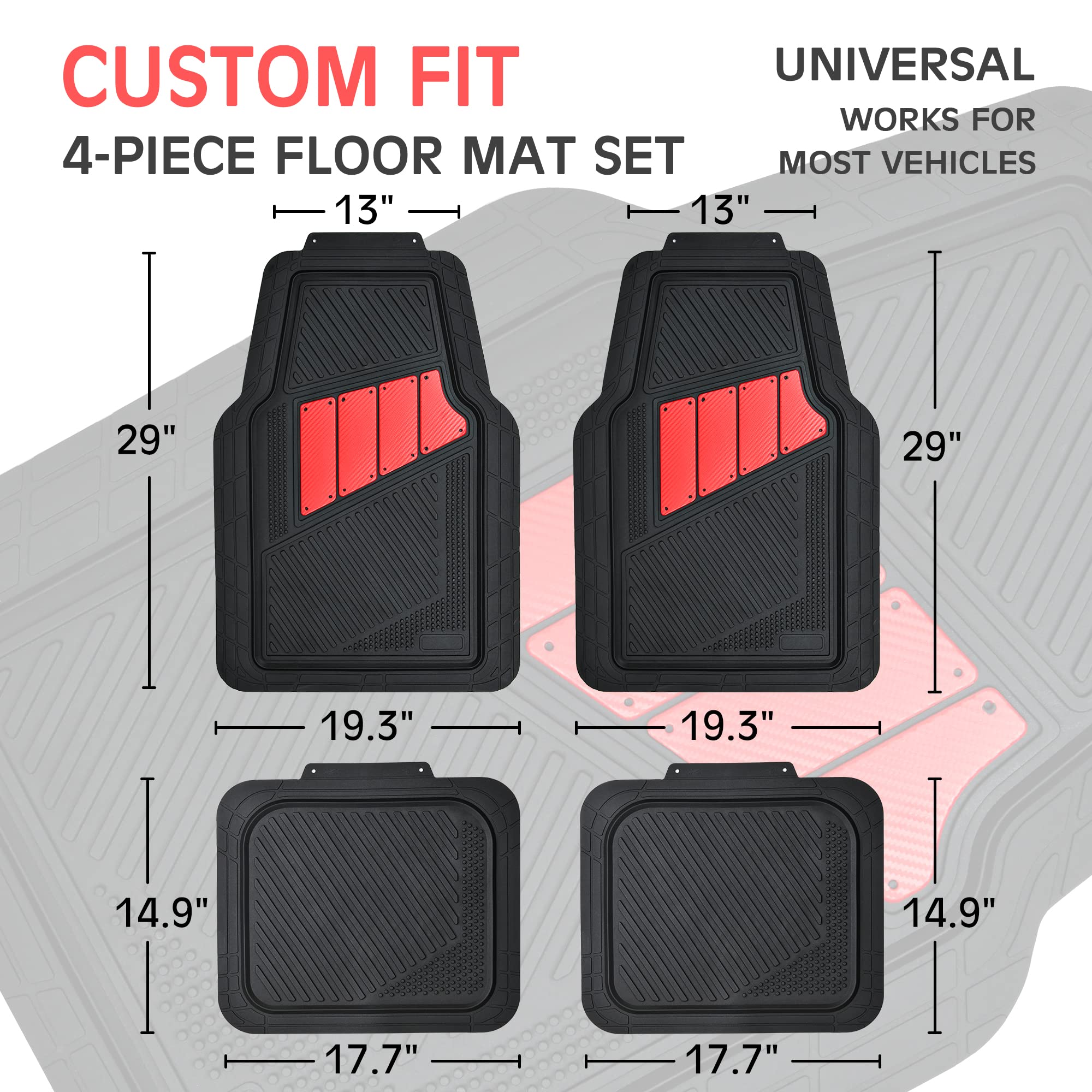Car Pass Heavy Duty Rubber Floor Mats 4-Piece Car Mat Set - Universal Waterproof Carbon Fiber Floor Mats For Car Suv Truck, Durable All-Weather Mats(Black And Red)