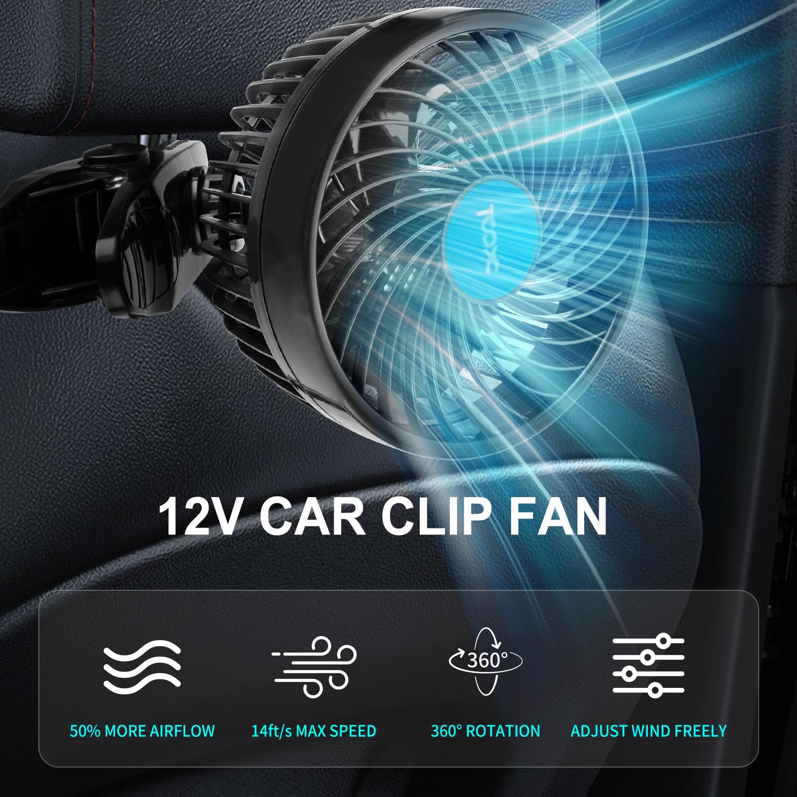 Xool 12V 6 ' ' Car Fan, Clip Fan 360 Degree Rotatable Car Fan Cooling Air Fan With Stepless Speed Regulation & Cigarette Lighter