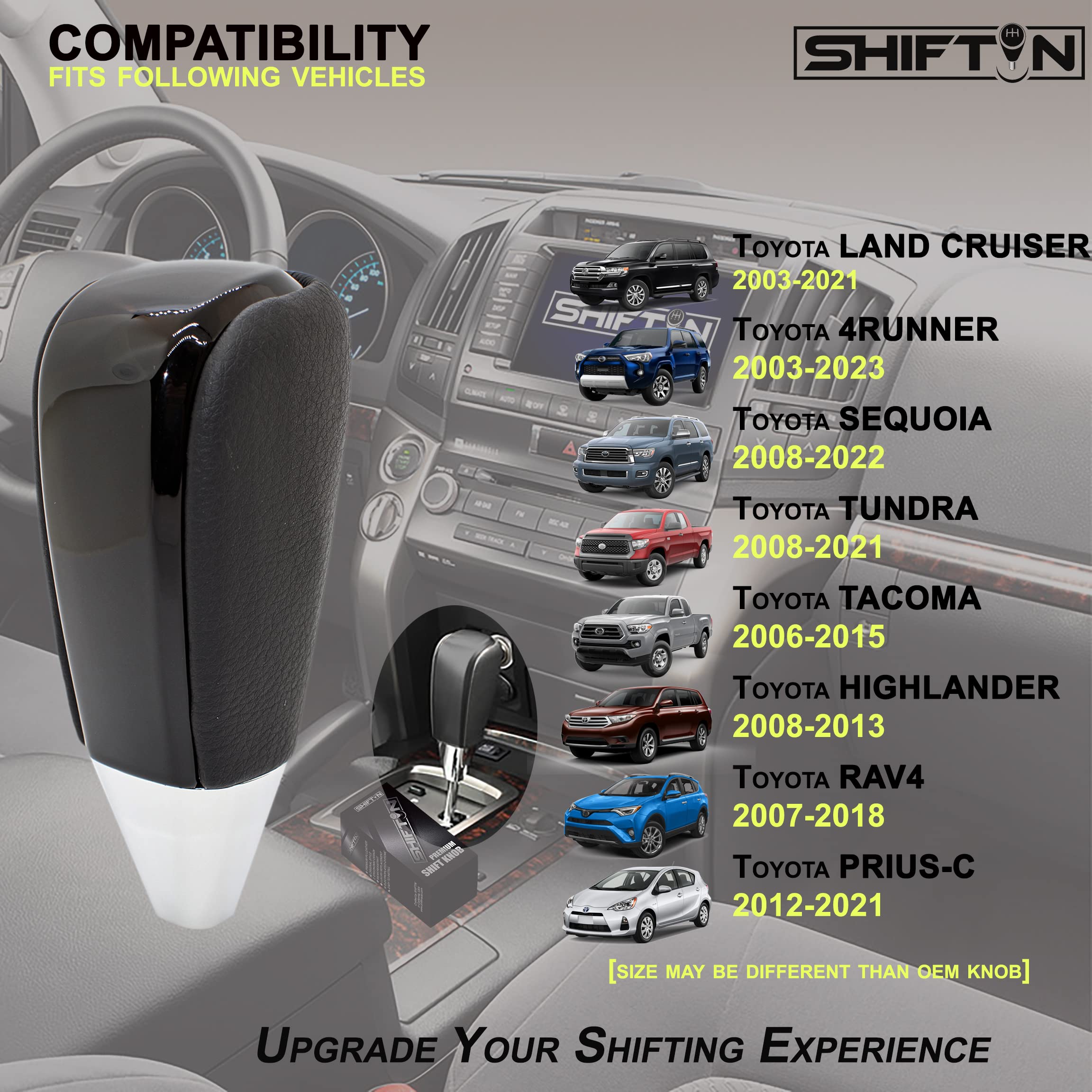 SHIFTIN Black Leather Piano Gear Shift Knob for Toyota Land Cruiser 4Runner Sequoia Tundra and Lexus LX (Black Leather/Piano Bla