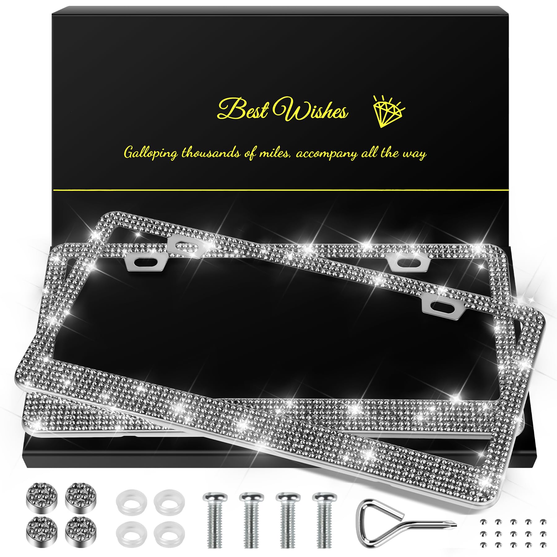 Quanqiufei 2 Pack Bling License Plate Frames For Women, Sparkly Rhinestone Diamond Car Accessories With Glitter Crystal Caps (Gi