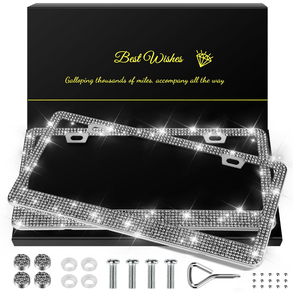 Quanqiufei 2 Pack Bling License Plate Frames For Women, Sparkly Rhinestone Diamond Car Accessories With Glitter Crystal Caps (Gi