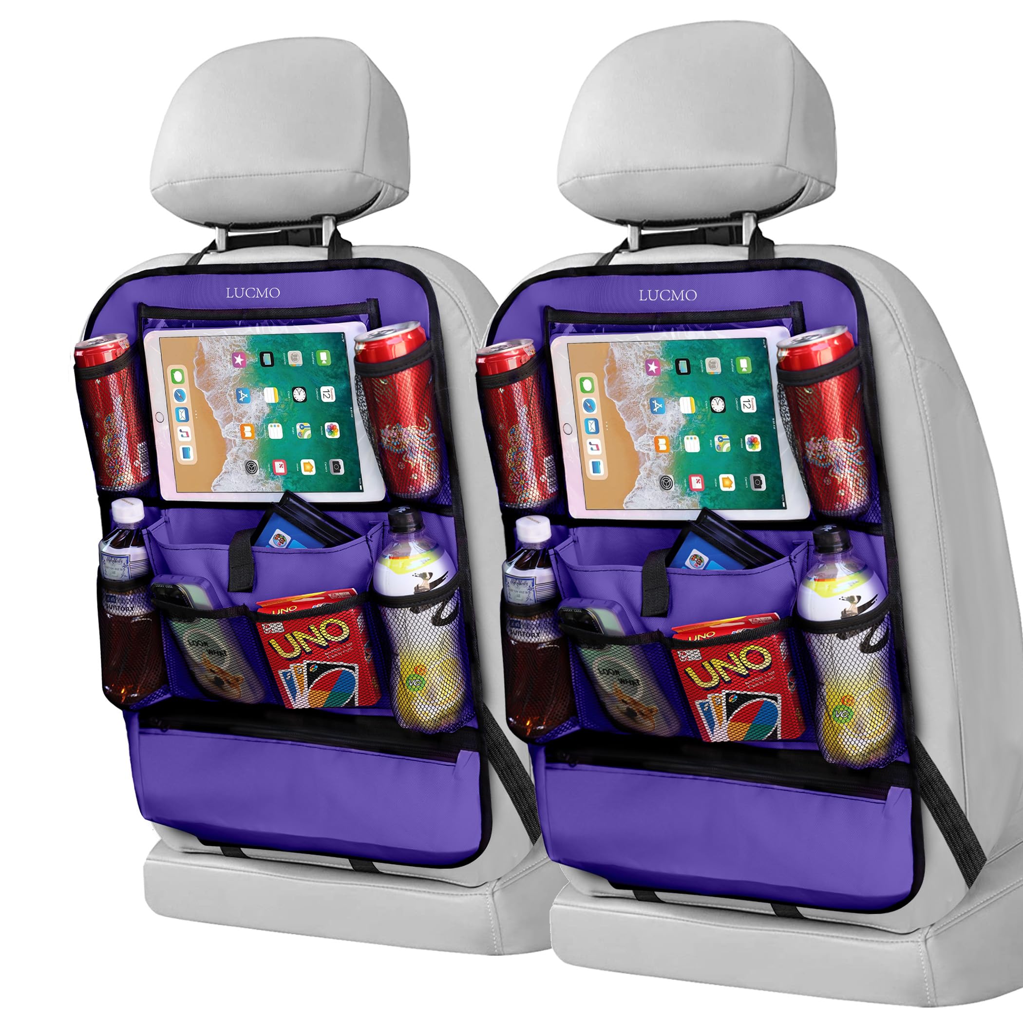 Lucmo Car Backseat Organizer With Touch Screen Tablet Holder-2 Pcs,9 Storage Pockets Car Storage Organizer Protectors Kick Mats