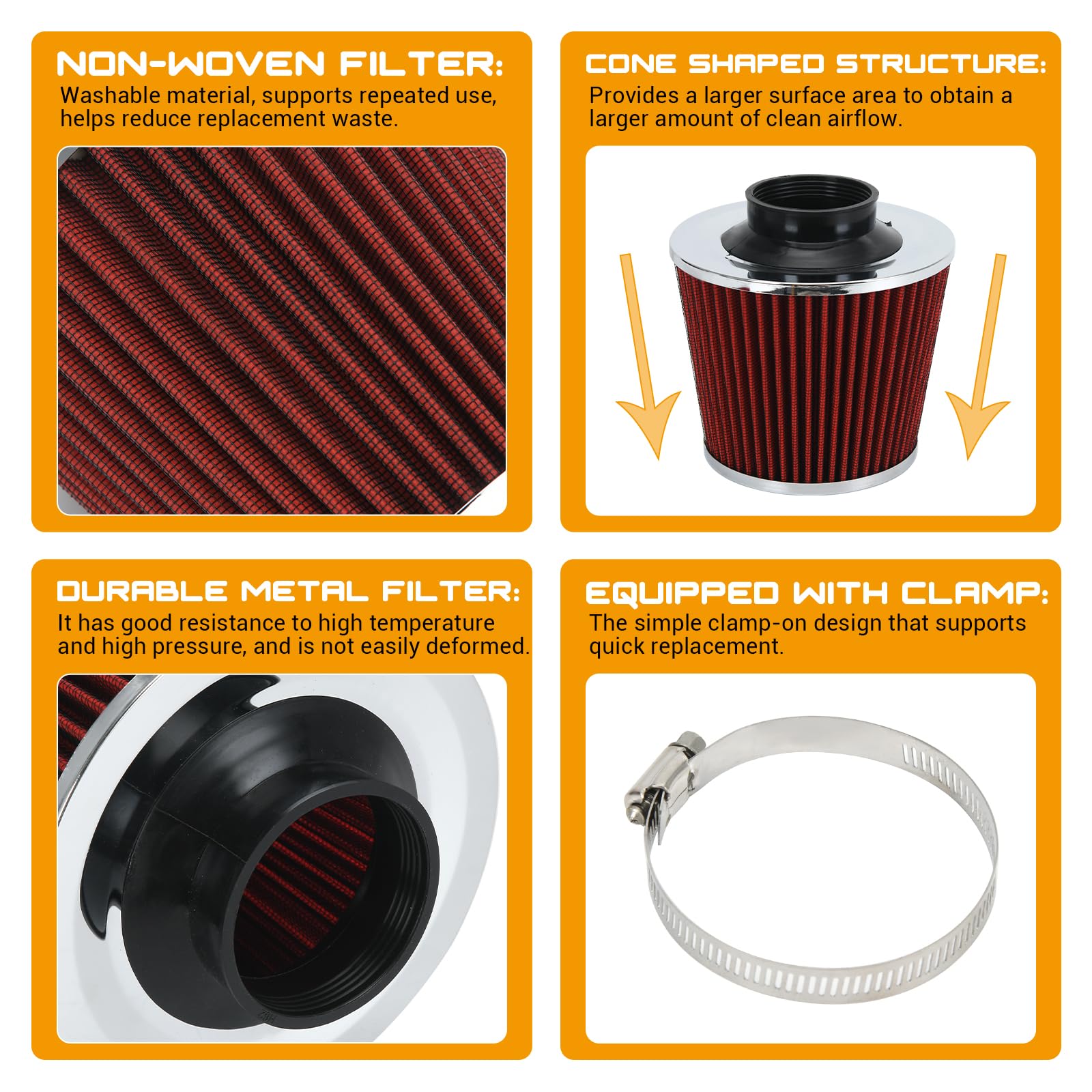 Ptnhz Universal Red 2.5'' 63Mm High Flow Cold Air Intake Cone Air Filter Power Intake Air Inlet System Air Cleaner