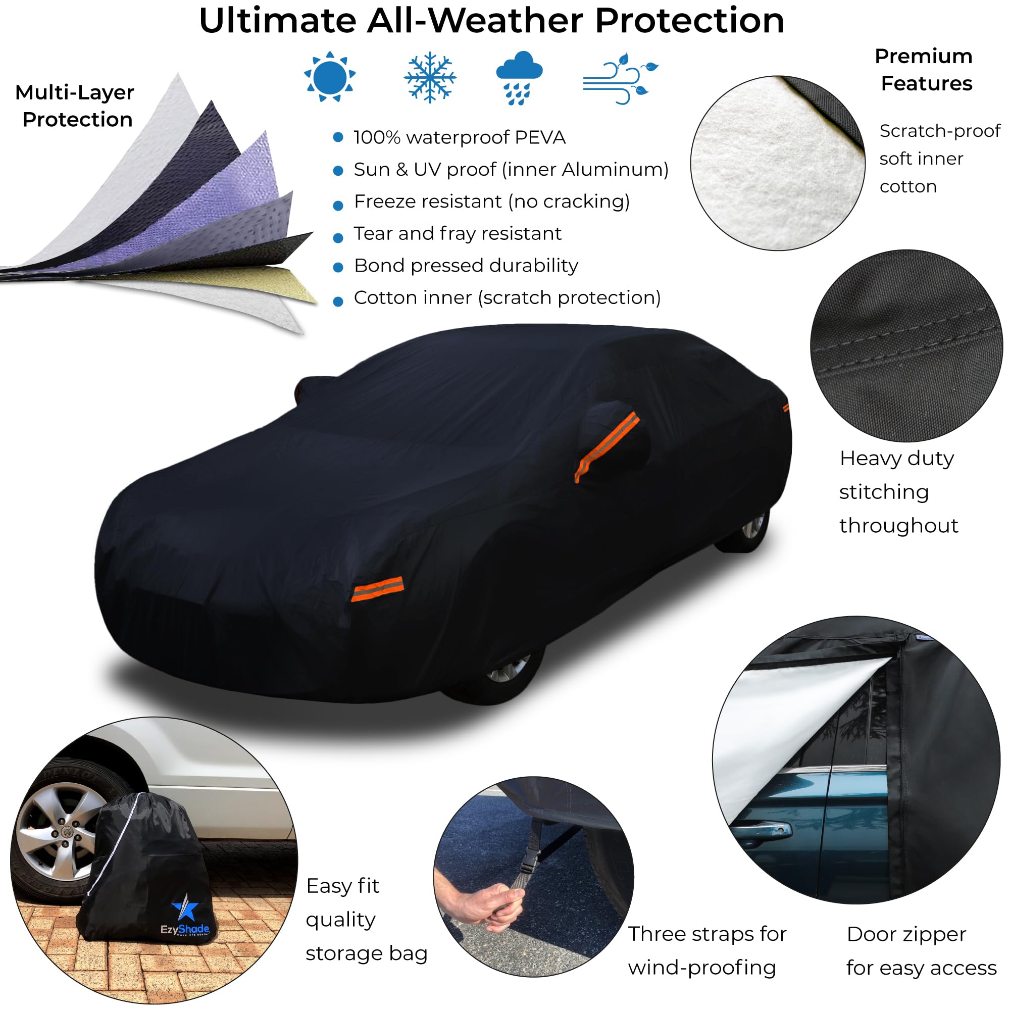 Ezyshade 10-Layer Car Cover Waterproof All Weather - See Vehicle Size-Chart - Car Covers For Automobiles & Car Snow Cover - Full
