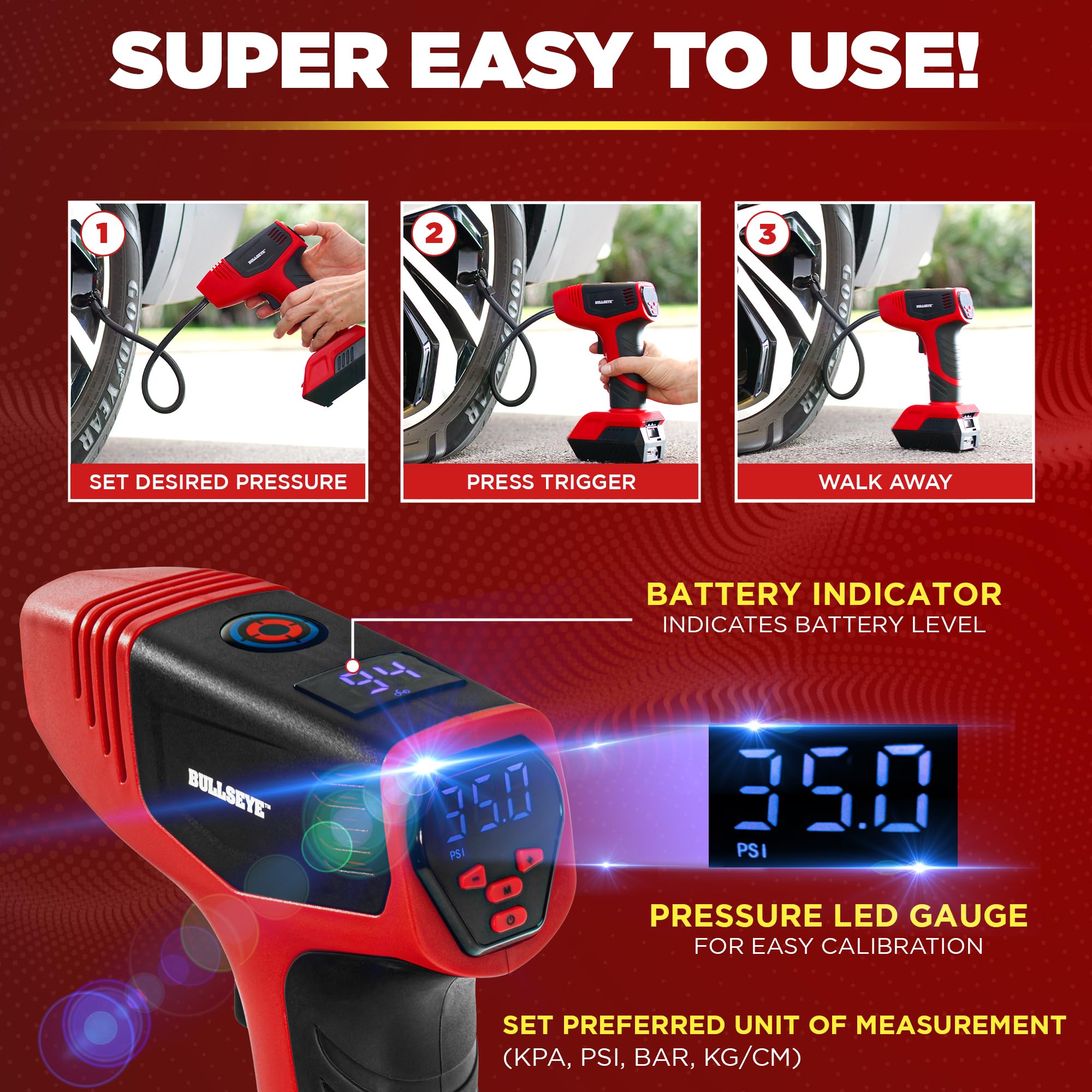 EMSON Bullseye Pro Max Tire Inflator, 150PSI Portable Air Compressor, Red, Model 1745, Rechargeable, for Car Tires