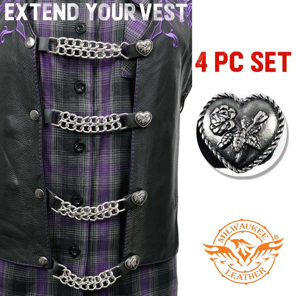 Milwaukee Leather Heart Rose Medallion Vest Extender - Double Chrome Chains Genuine Leather 6.5'' Extension 4-PCS MLA6013SET - 4