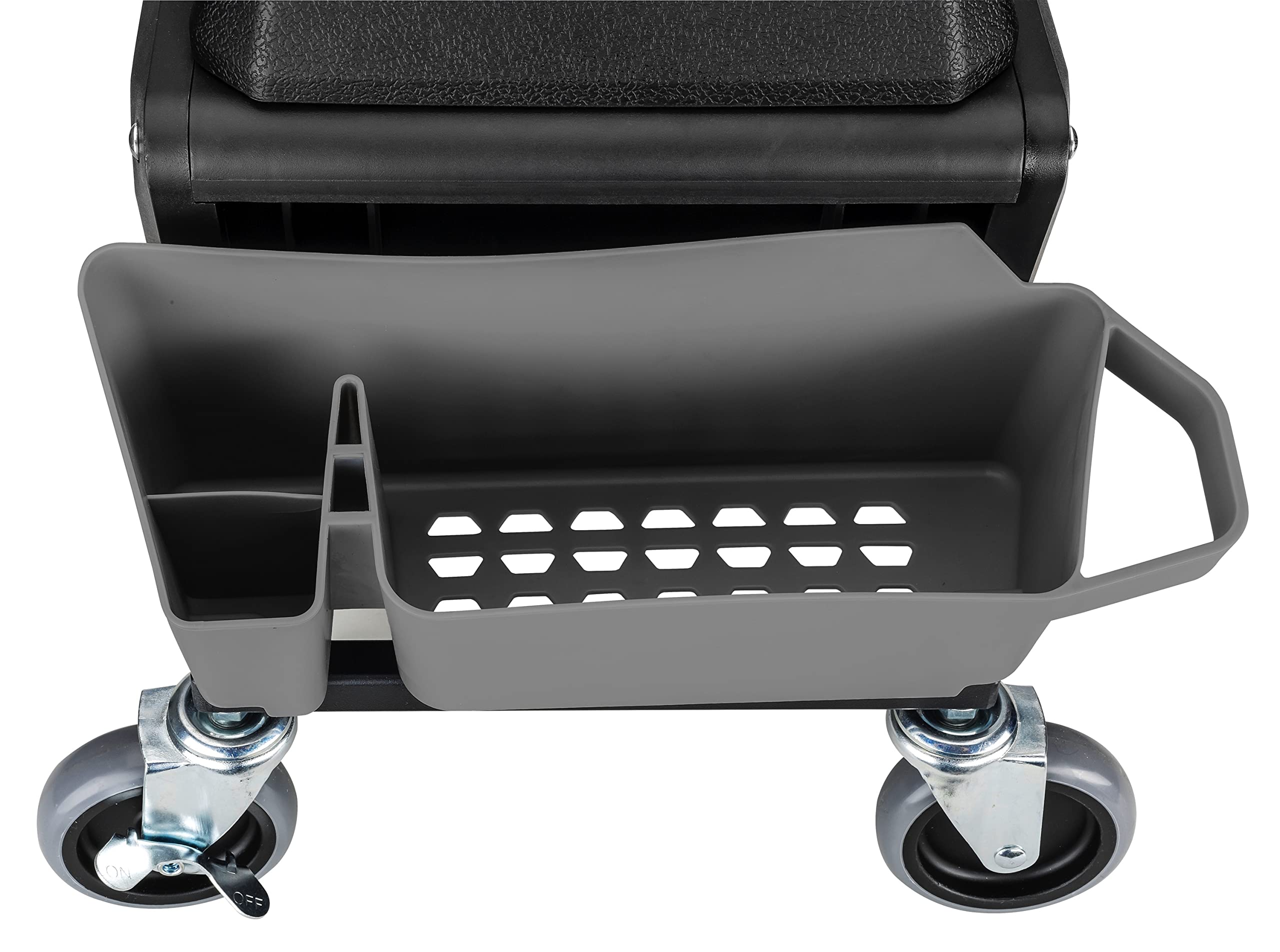 Powerbuilt Rolling Work Seat Brake Stool with 4-inch Rubber Lockable Wheels, Big Seating Platform, Tool Trays and Drawer 330 lb.