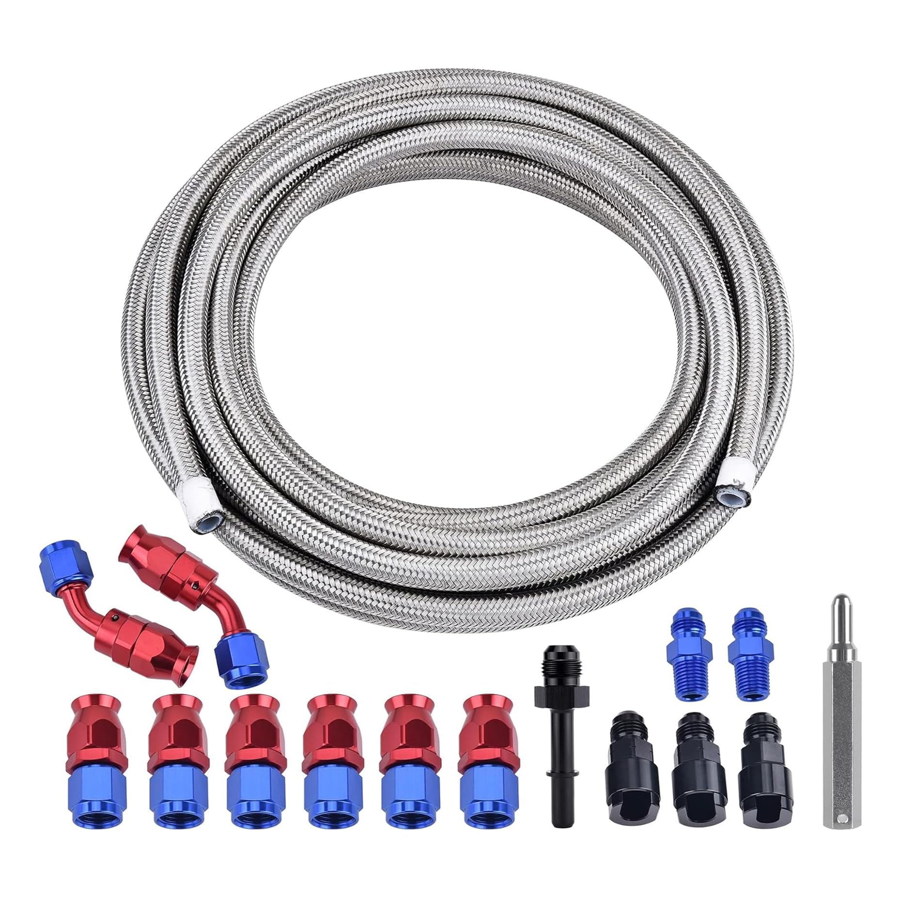 EVIL ENERGY 6AN 3/8 PTFE LS Swap EFI Fuel Line Fitting Kit, E85 Stainless Steel Braided Fuel Hose 25FT Silver