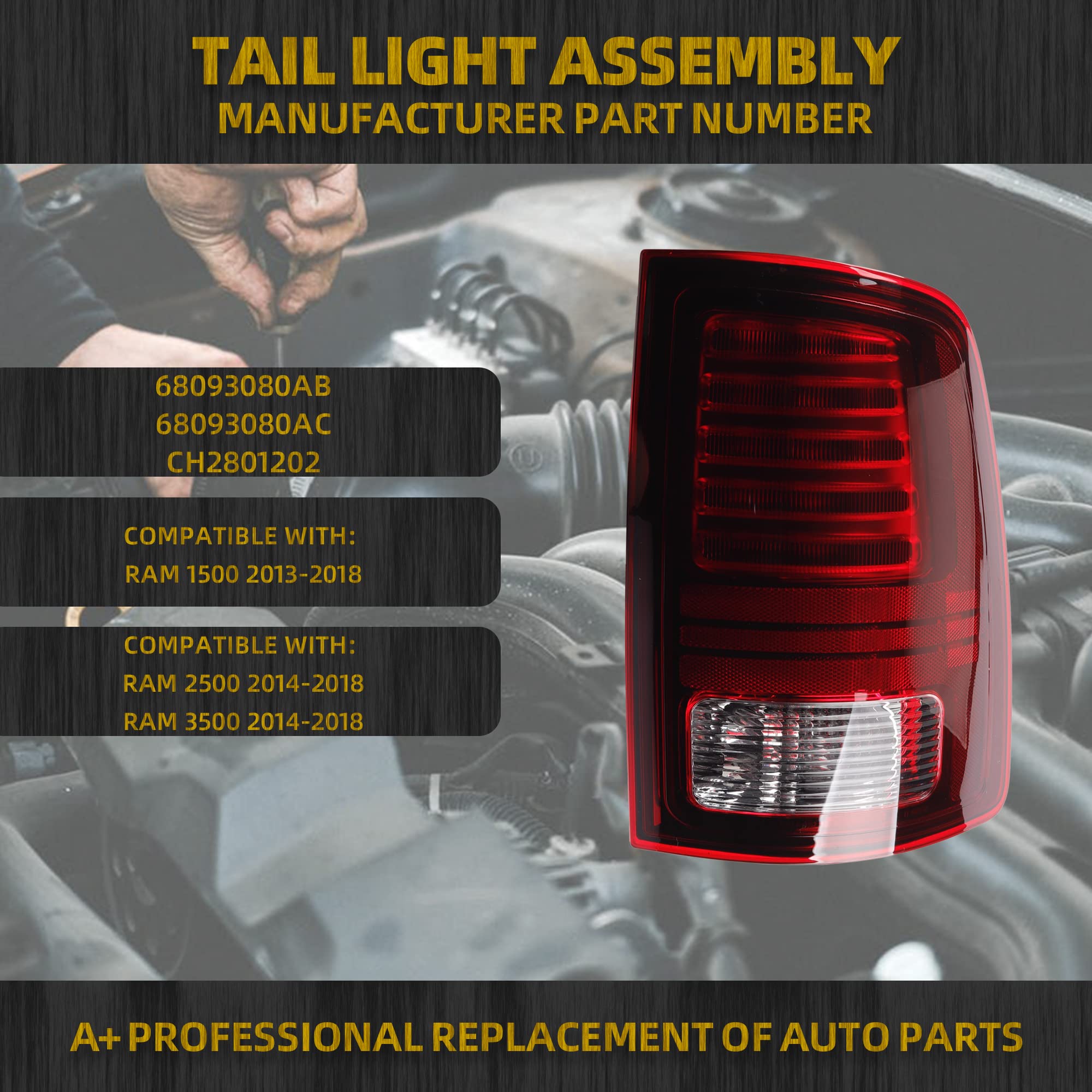 Dasbecan Tail Lights Assembly Passenger Side Red Lens Black Interior Compatible With Dodge Ram 1500 2013-2018 Ram 1500 Classic Warlock 2019-2022 Ram 2500 3500 2014-2018 Replaces# 68093080Ab 68093080Ac