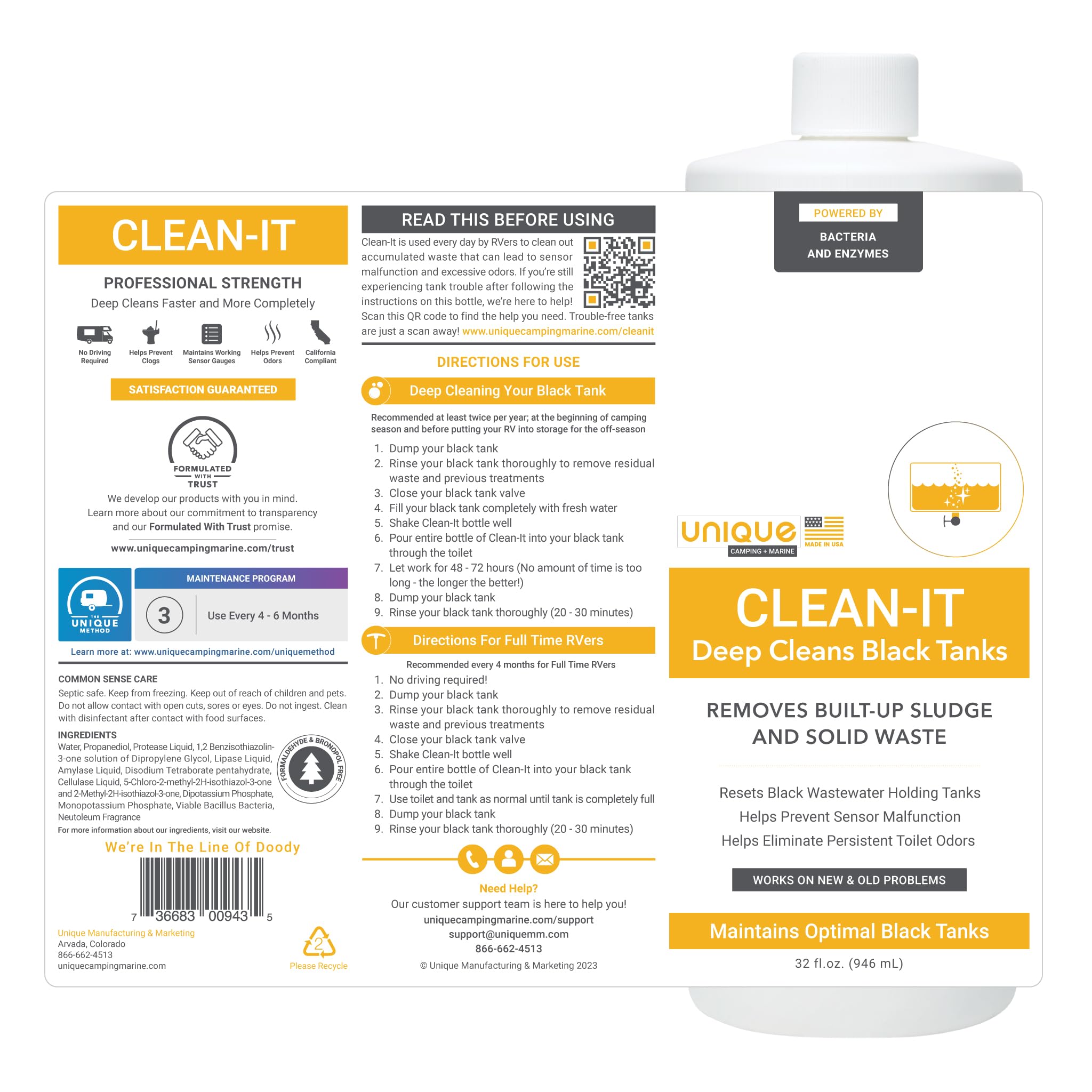 Unique Clean-It Rv Black Tank Cleaner Liquid, Enzyme Deep Cleaner Digests Waste Accumulation And Buildup, Eliminates Odor, 32 Oz