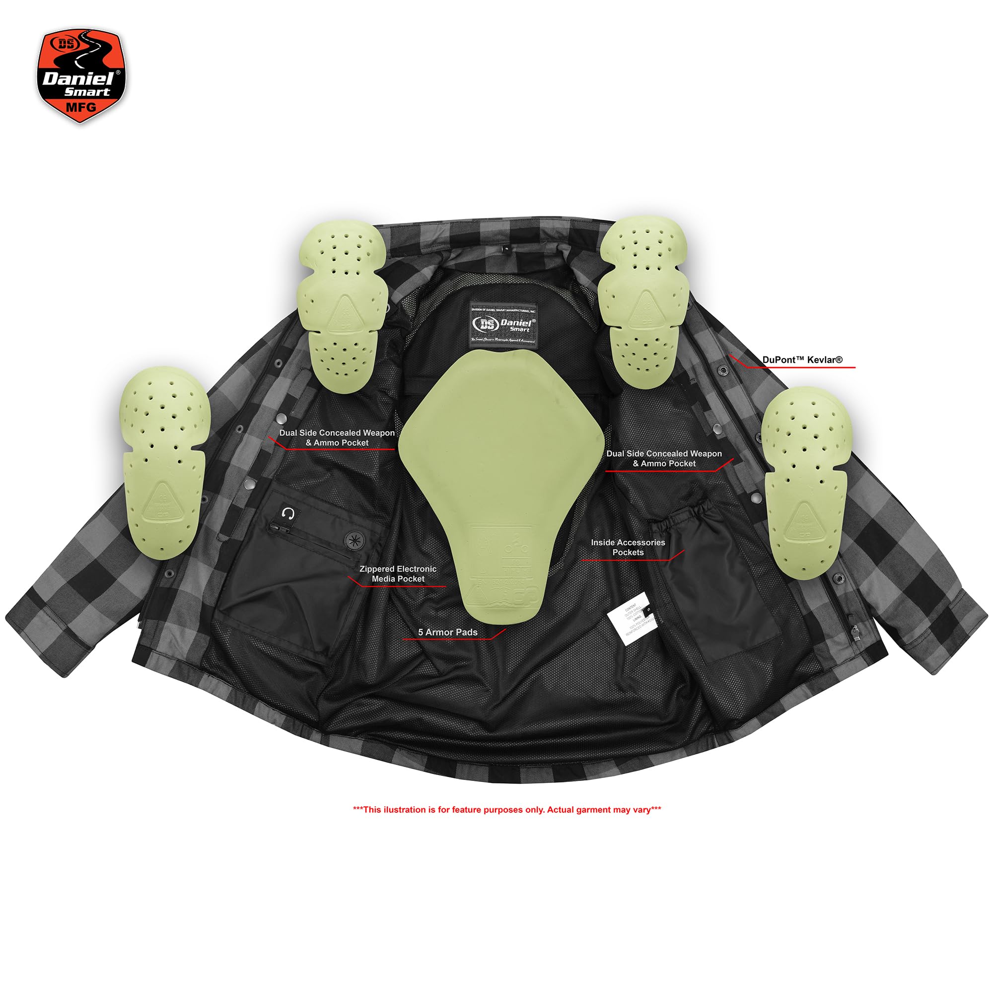 Daniel Smart Men Motorcycle Plaid Shirt All Season Sporty Ce Approved Armors Flannel Bikers Shirt With Waterproof Zippers Gray