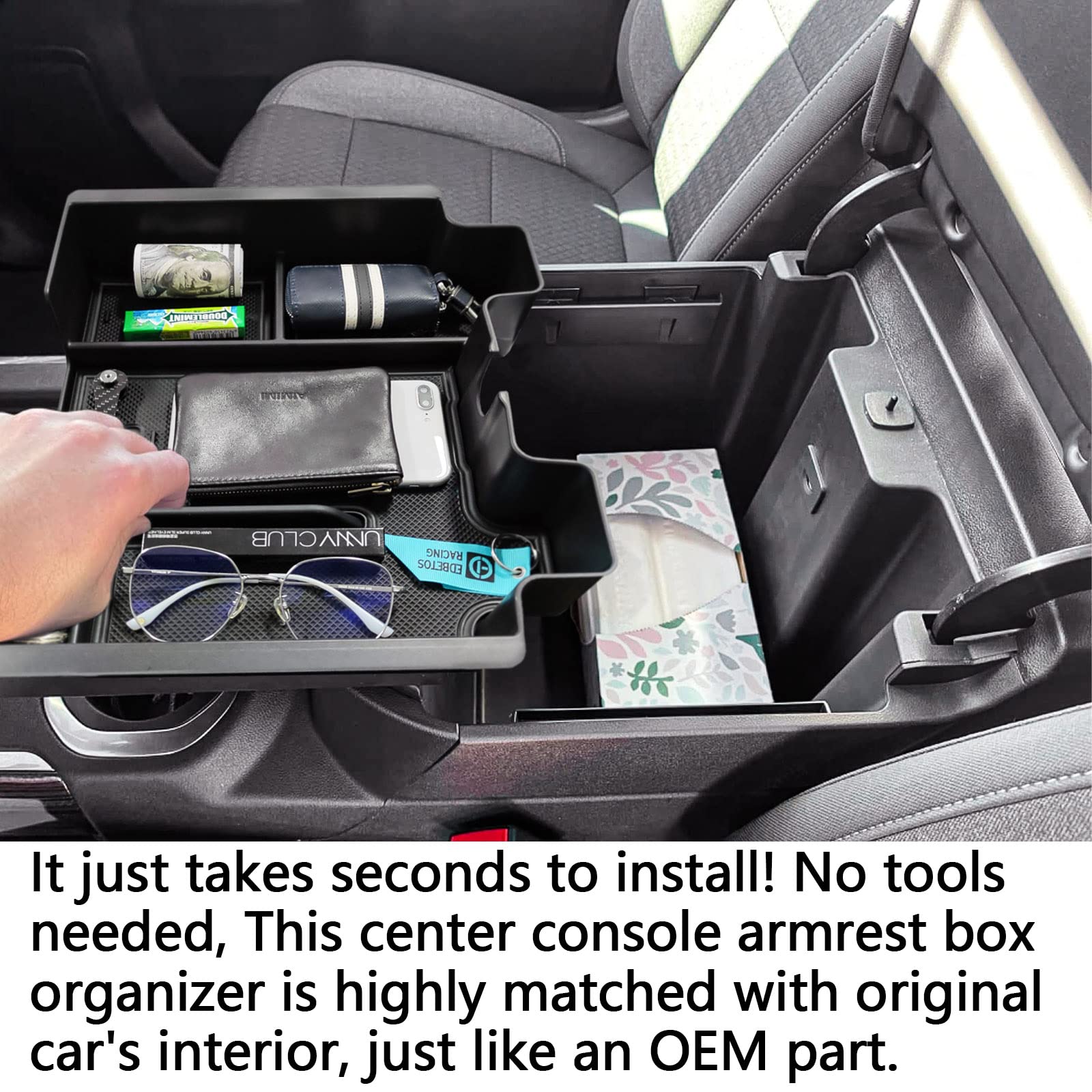 Full Size Center Console Organizer Tray Compatible with 2019-2022 Chevy Silverado/GMC Sierra 1500 and 2020-2022 2023 Silverado/Sierra 2500HD 3500HD Accessories -Full Console w/Bucket Seats ONLY, Black