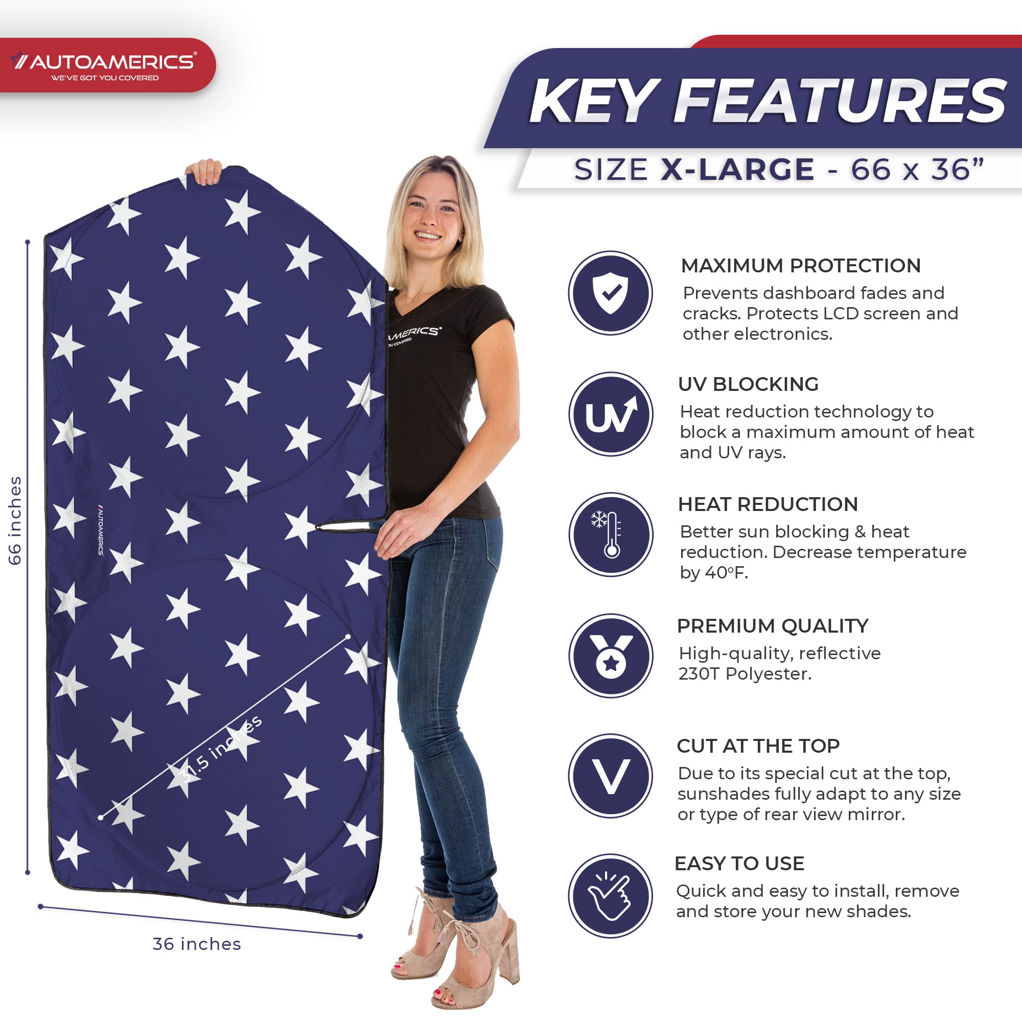 Autoamerics Truck Windshield Sun Shade With Storage Pouch & Anti-Slip Dash Pad - Foldable Usa Stars Flag Design - Fits Most Suvs