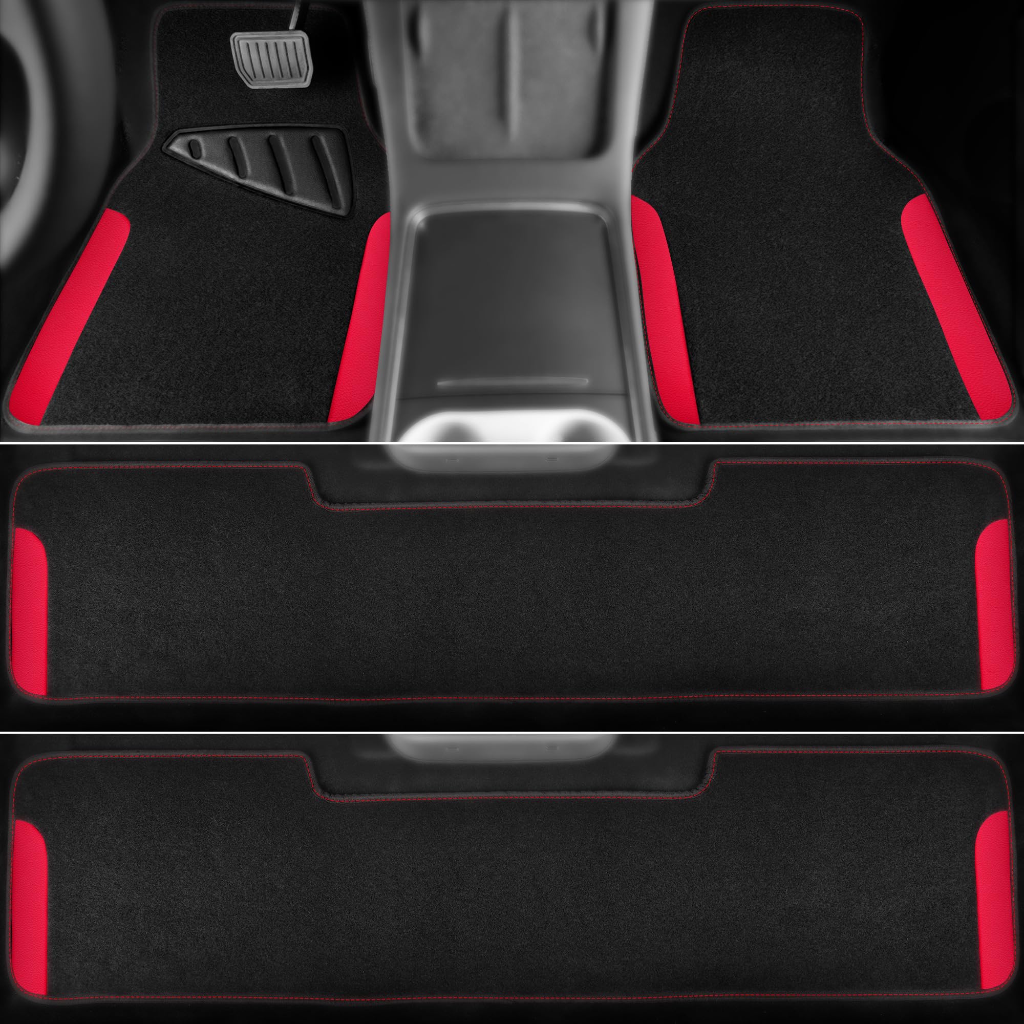 Car Pass® Waterproof Universal Faux Leather 3Row Car Floor Mats, Red Car Mats Fit For Suv,Vans,Sedans, Trucks,Set Of Vehicles Car Carpet With Driver Heel Pad And Anti-Slip Nibs Backing (Red 3Row)