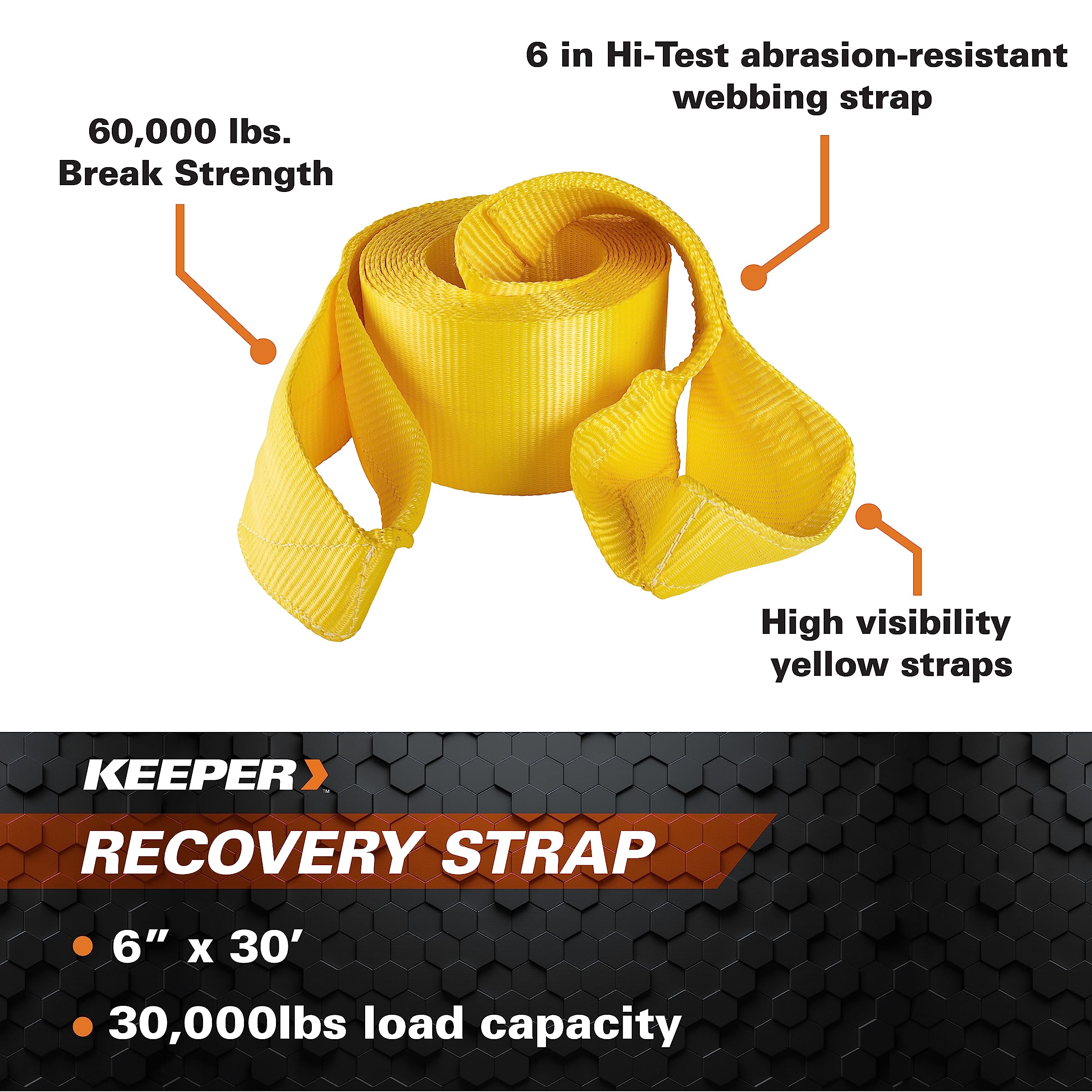 Keeper - 6'' X 30 Emergency Vehicle Towing And Recovery Strap - 30,000 Lbs. Max Vehicle Weight And 60,000 Lbs. Break Strength