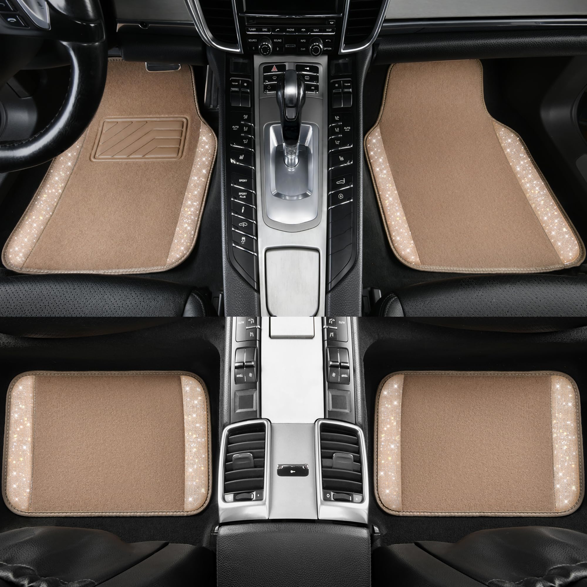 Car Pass Bling Car Mats Shining Diamond Carpet Crystal Rhinestones Sparkly Glitter Floor Mats With Anti-Slip Pvc Heel Pad Universal Fit For Automotive Suv, Sedan, Car, Van, 4Pcs For Girl Women, Beige
