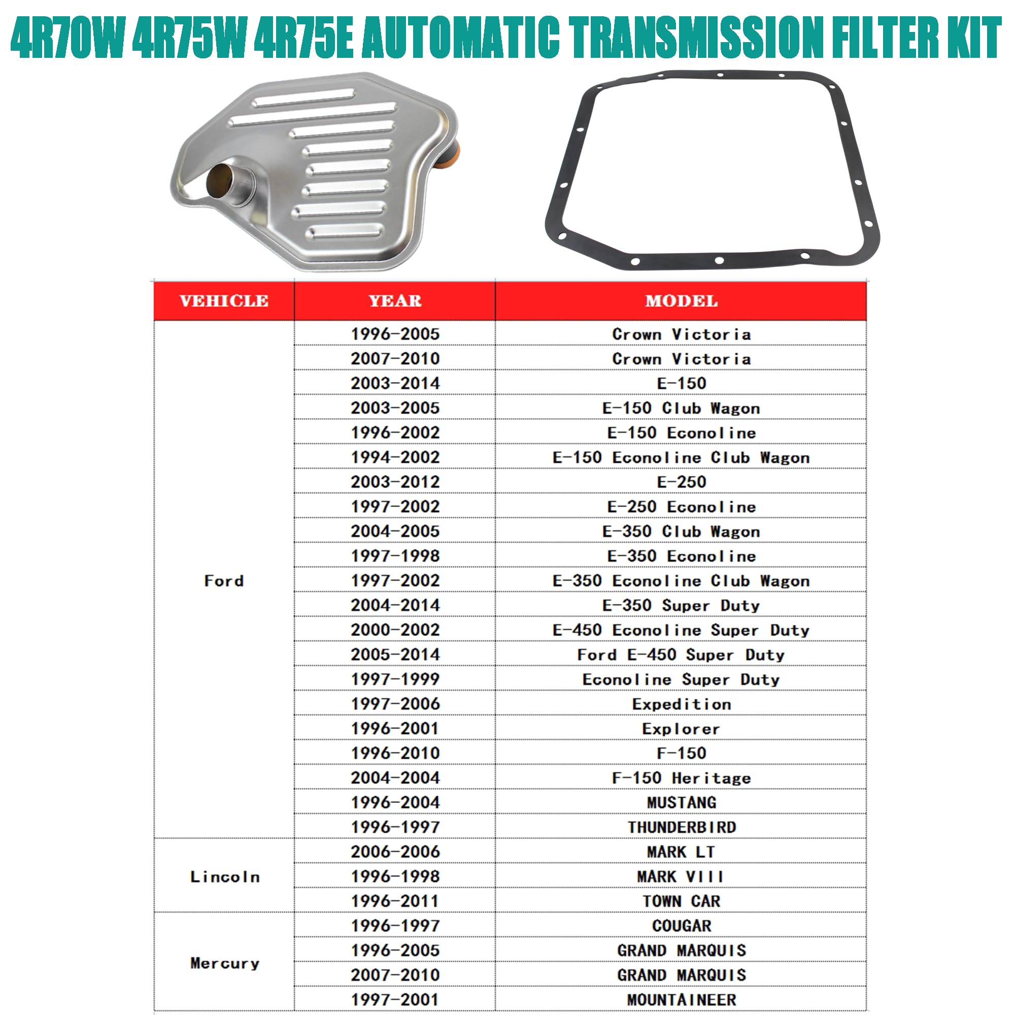 Yzusgomumu 4R70W 4R75W 4R75E Automatic Transmission Filter Kit Compatible With 1994-2010 Ford F150 Expedition Mus-Tang Crown Victoria Grand Marquis Explorer, More Replaces# Ft105 F6Az7A098A 58955