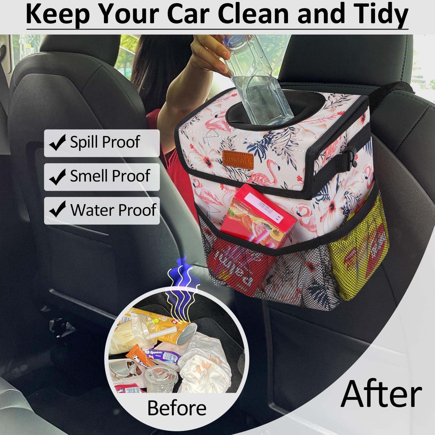 Elongriver Car Trash Can Bin For Back Seat, Leak Proof, Cute Car Trash Bag Hanging, Vehicle Trash Can For Suv Truck Van, Automot
