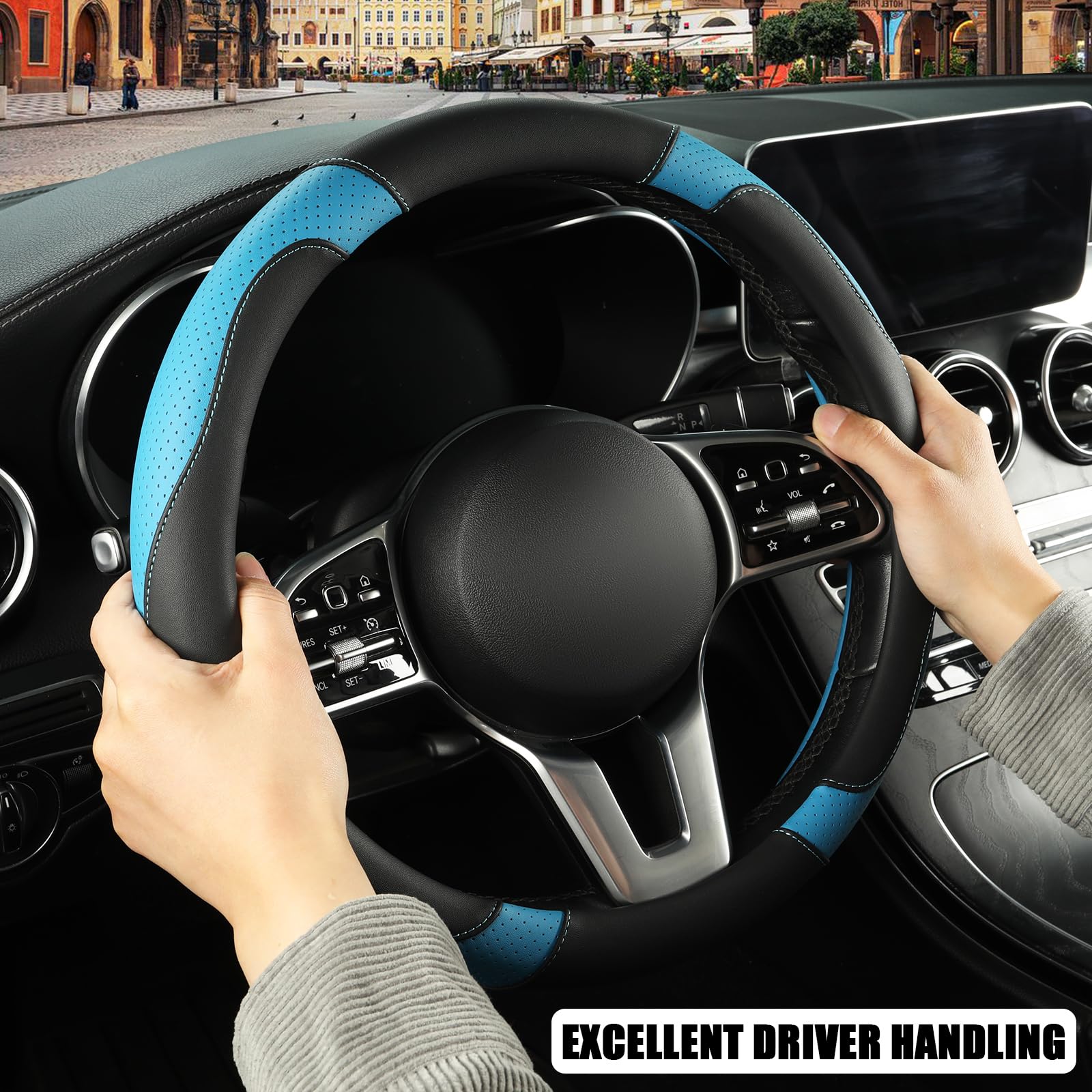 Binsheo Leather Auto Car Steering Wheel Cover Anti-Slip Heavy Duty, Elegant, Non-Tonix, Universal 15 Inch, Black&Blue