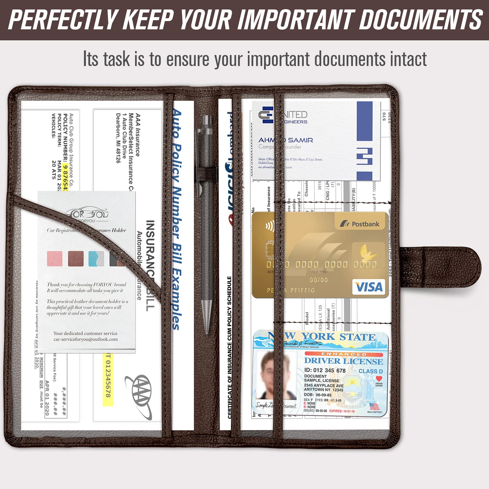 Foryou Car Registration And Insurance Holder With Magnetic Closure, Auto Truck Document Vehicle Glove Box Paperwork Organizer Wallet For Accessories Case, License, Card (Black Brown)