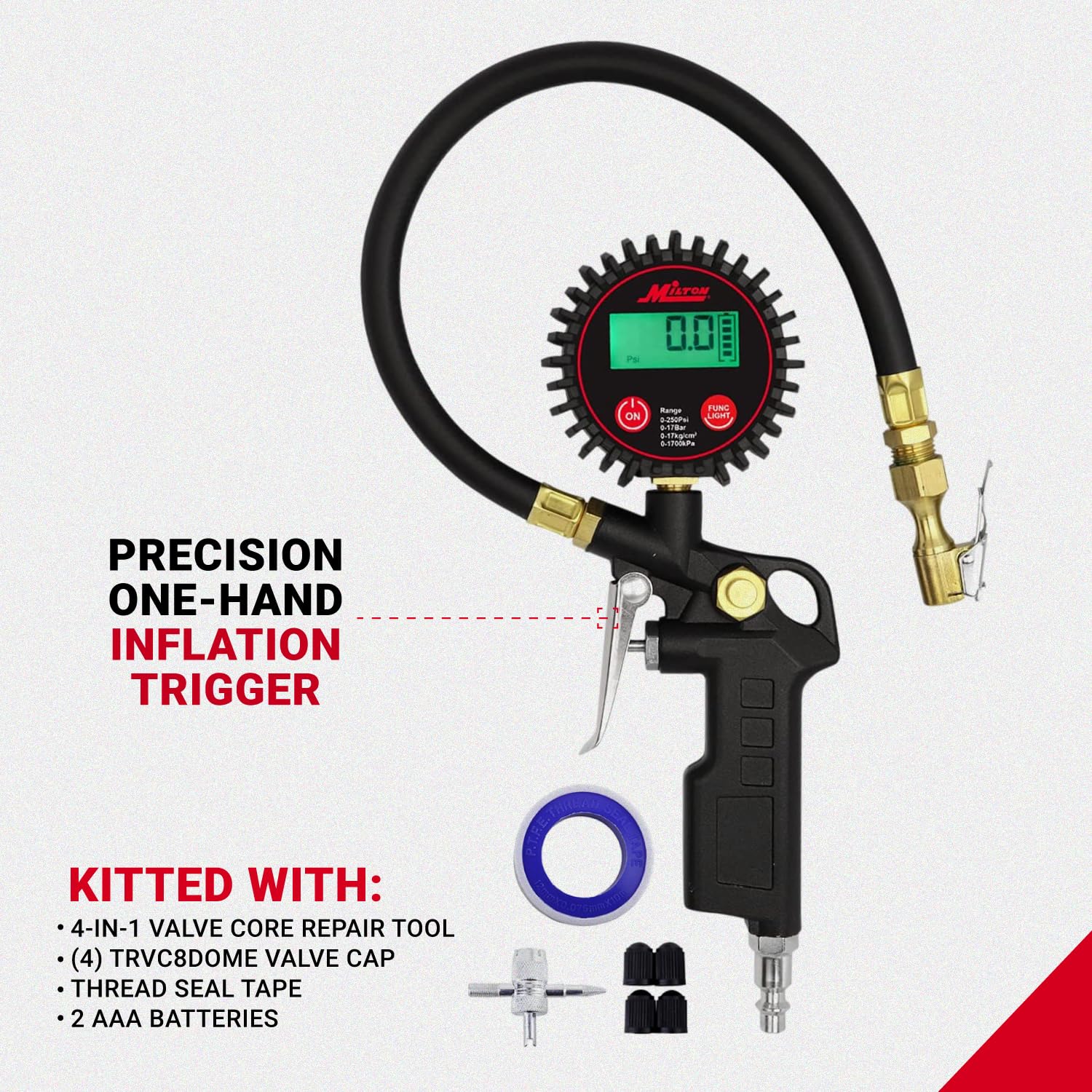 Milton 507Kit Digital Tire Inflator Car Accessories W/Accurate Air Tire Pressure Gauge, 14    Rubber Air Hose - 250 Psi, Brass L