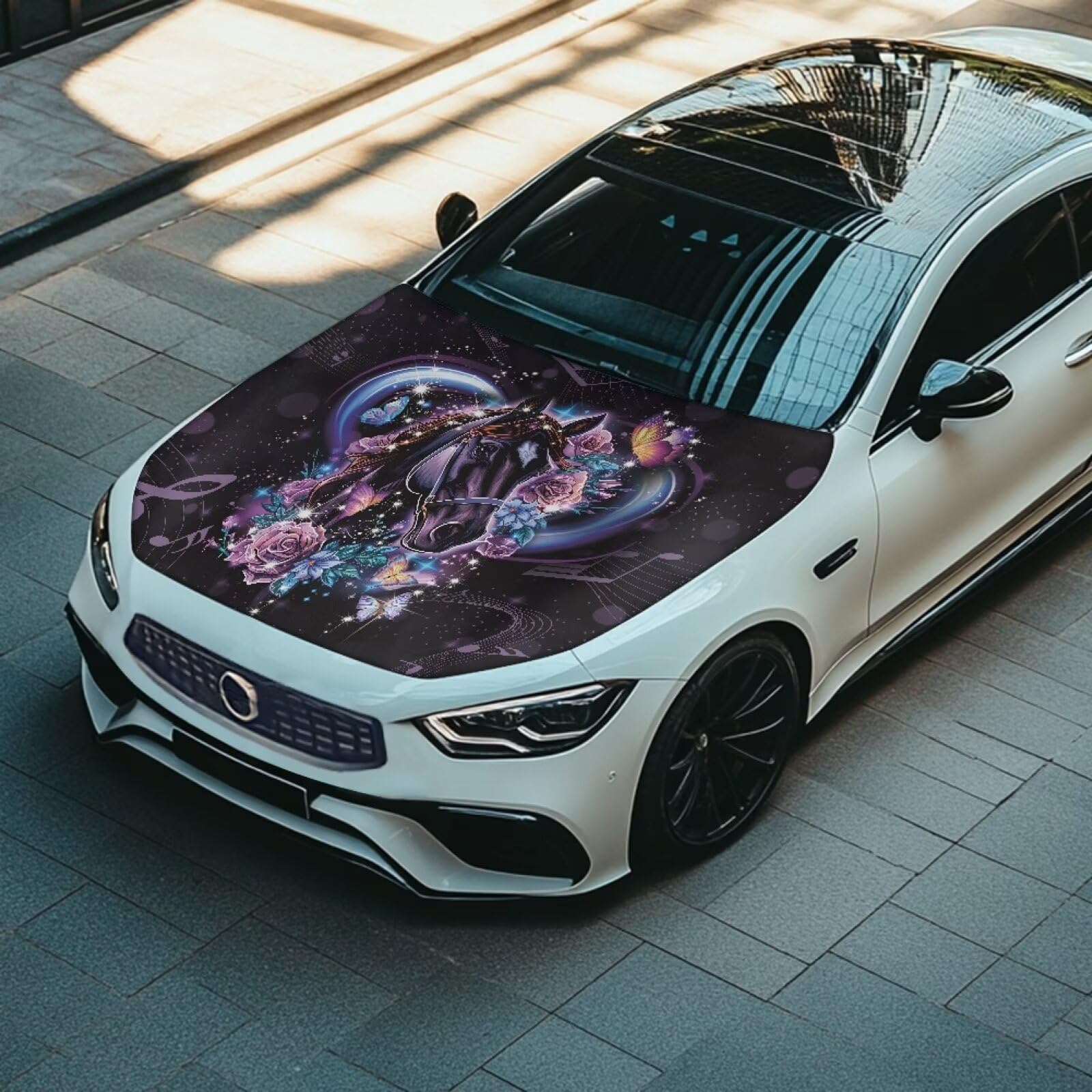 Beautiful Rose Horse Car Hood Cover Protector 59  39 Inch Auto Hood Wrap Blankets Stretchable Waterproof Sun Proof Automotive Ex