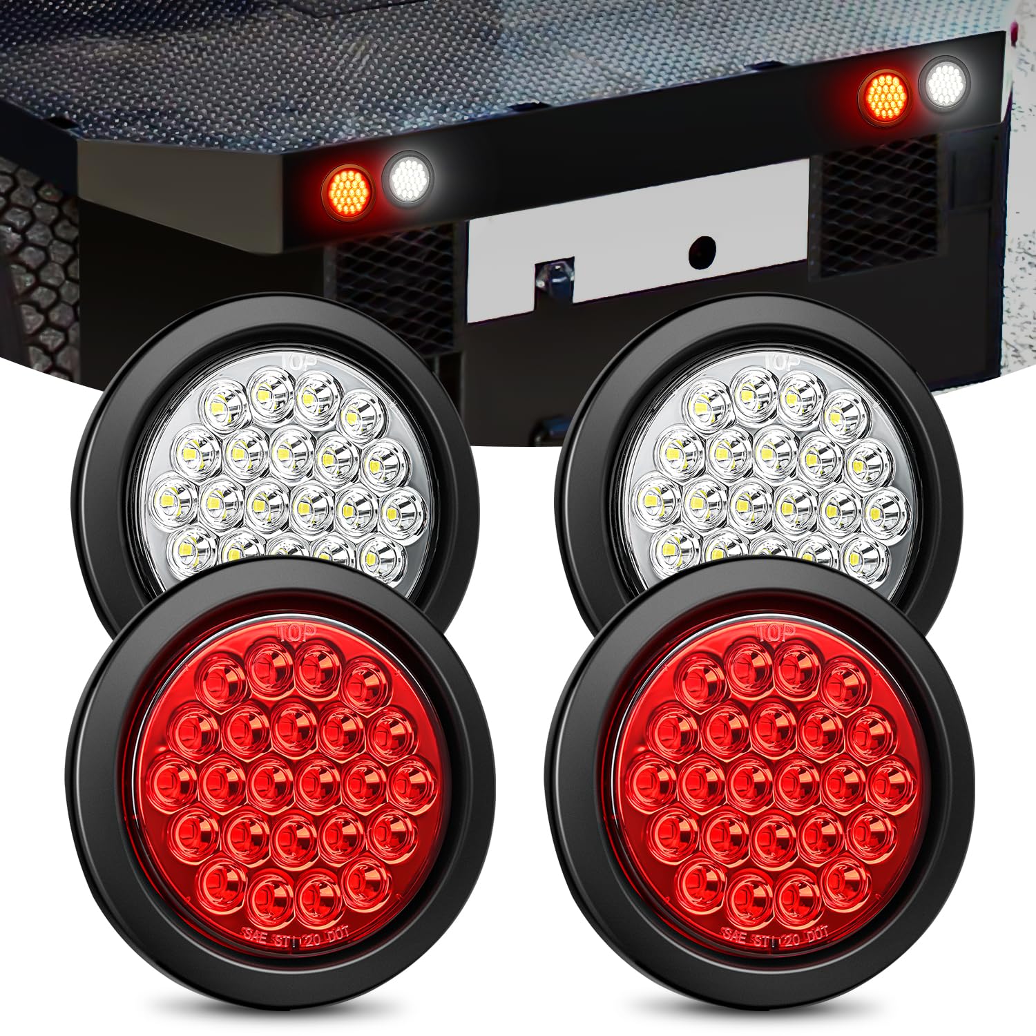 Nilight 4Inch Round Trailer Tail Light 4Pcs White Red Brake Turn Signal Reverse Lights W/Flush Mount Grommets Plugs Ip67 Waterpr
