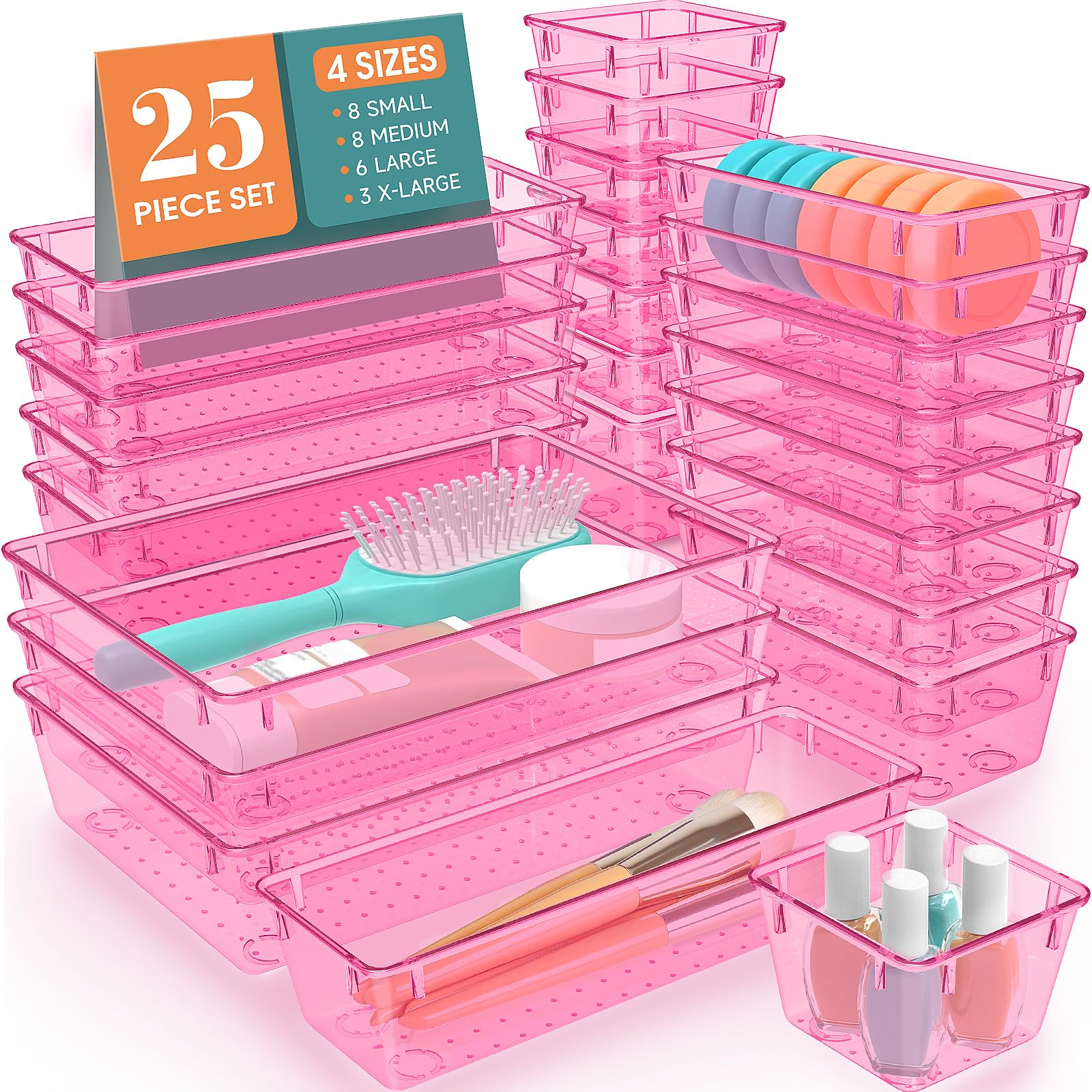 SpaceHacks 25 PCS Plastic Drawer Organizer Set, 4-Size Versatile Organizer Trays & storage Bins for Makeup, Jewelry, and Gadgets