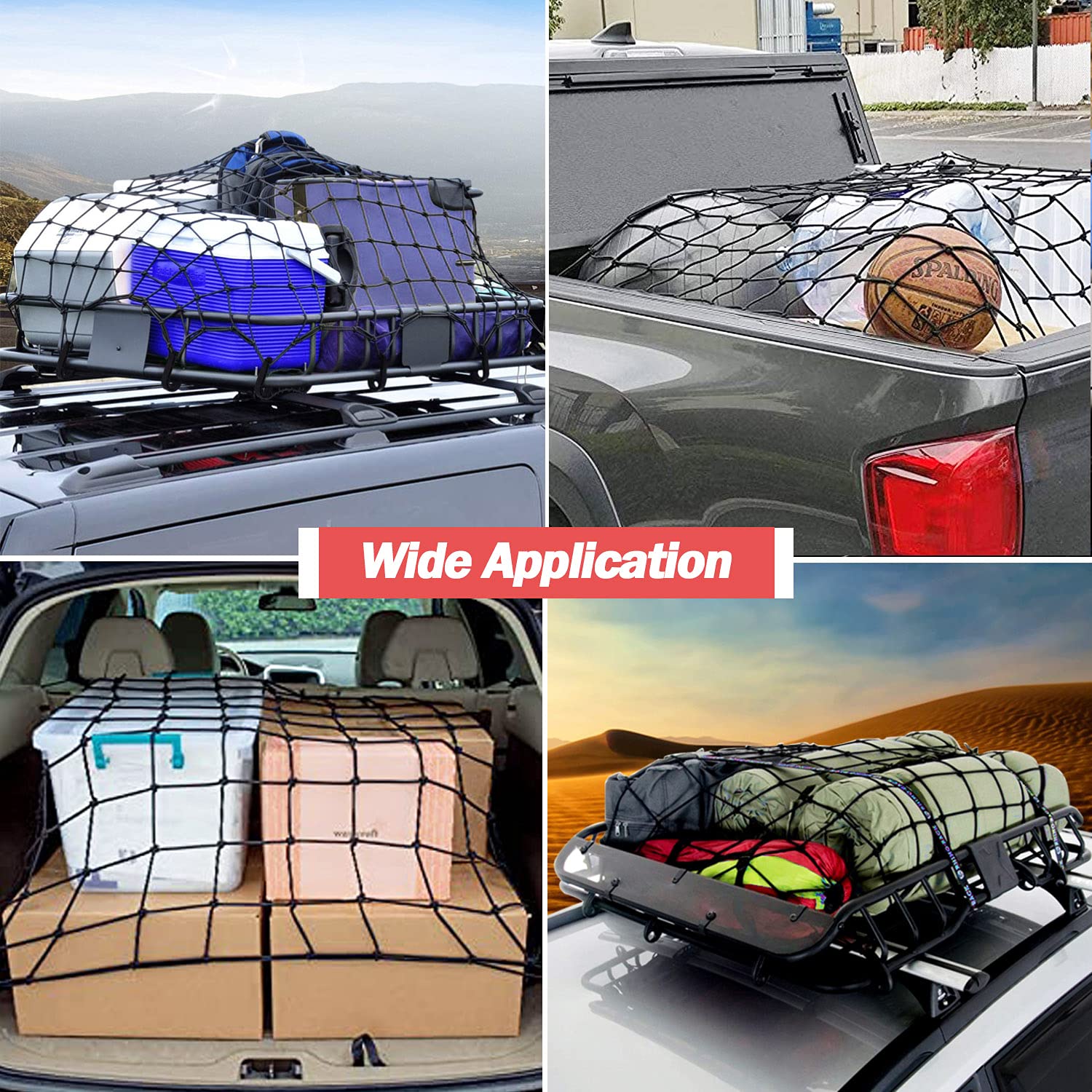 ZUOZE Natural Latex Core Cargo Net for Car SUV Roof Rack | 3'x4' Stretches to 6'x8' Small Bungee Net for Pickup Bed | 12 Carabin