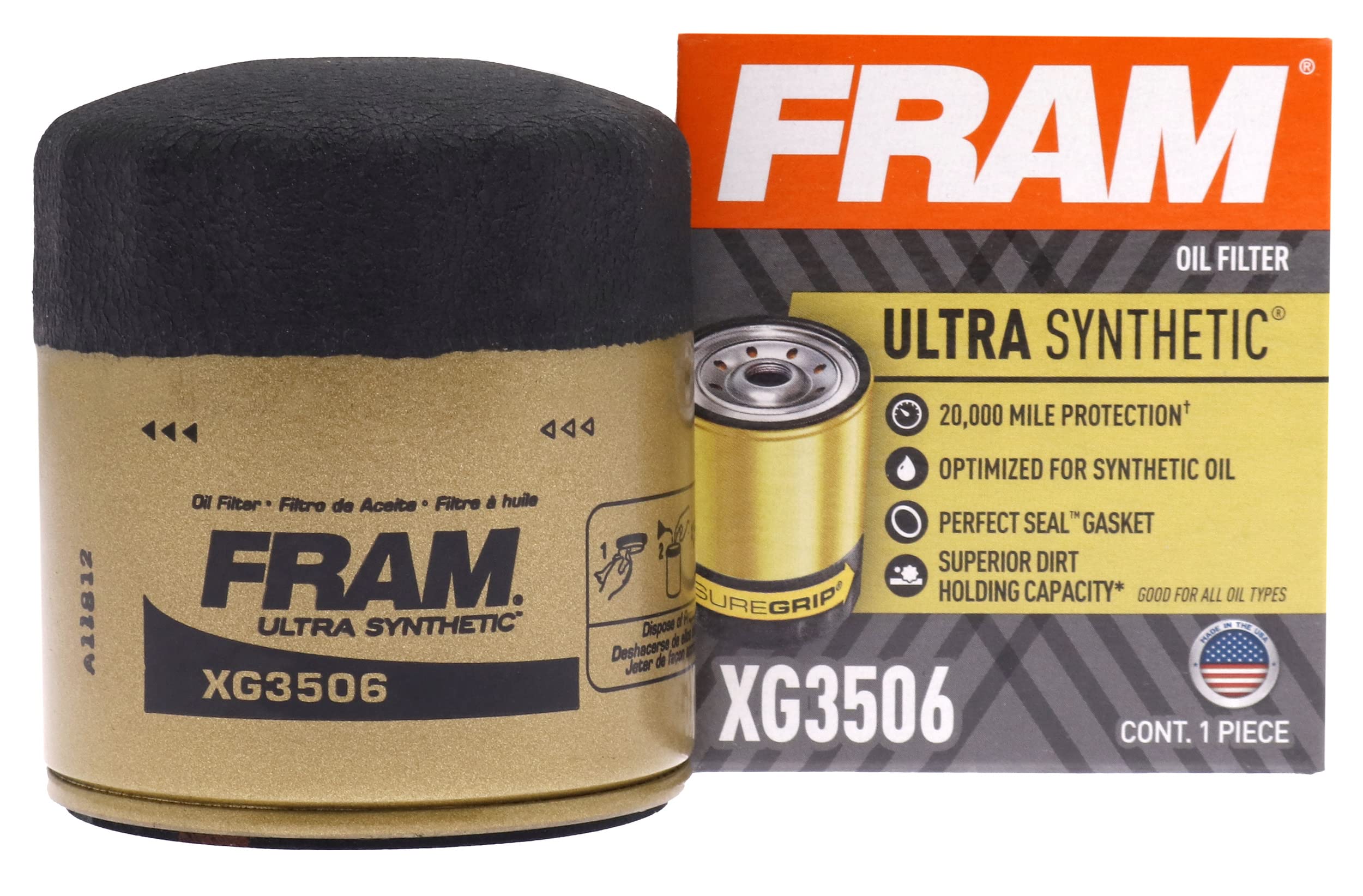 Fram Ultra Synthetic Automotive Replacement Oil Filter, Designed For Synthetic Oil Changes Lasting Up To 20K Miles, Xg3506 With Suregrip (Pack Of 1)