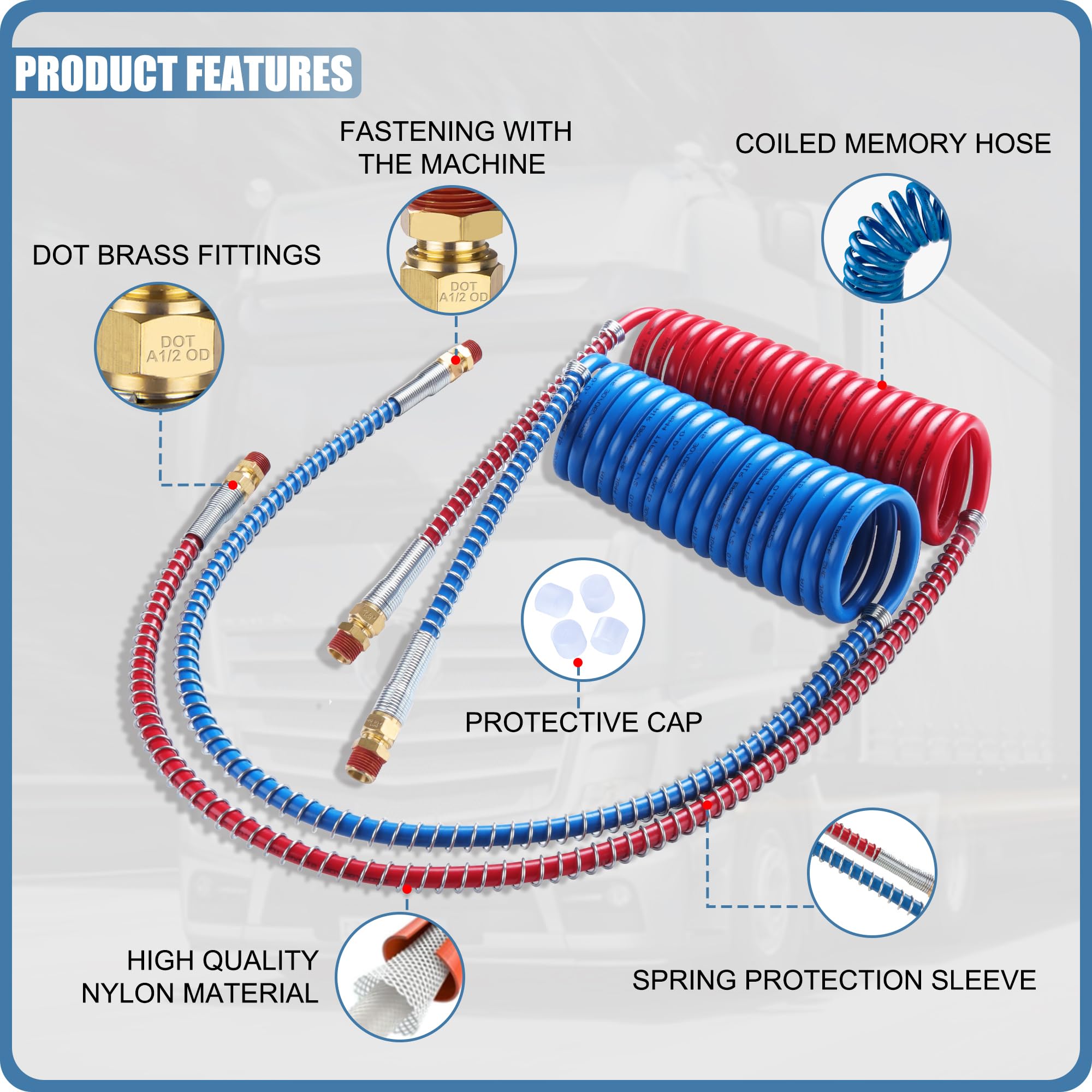 Ailbiuko Semi Truck Air Brake Line Hose Coil Assembly Coiled Set Airline Kit Blue Red Pigtail Air Hose For Tractor Trailer,1/2''