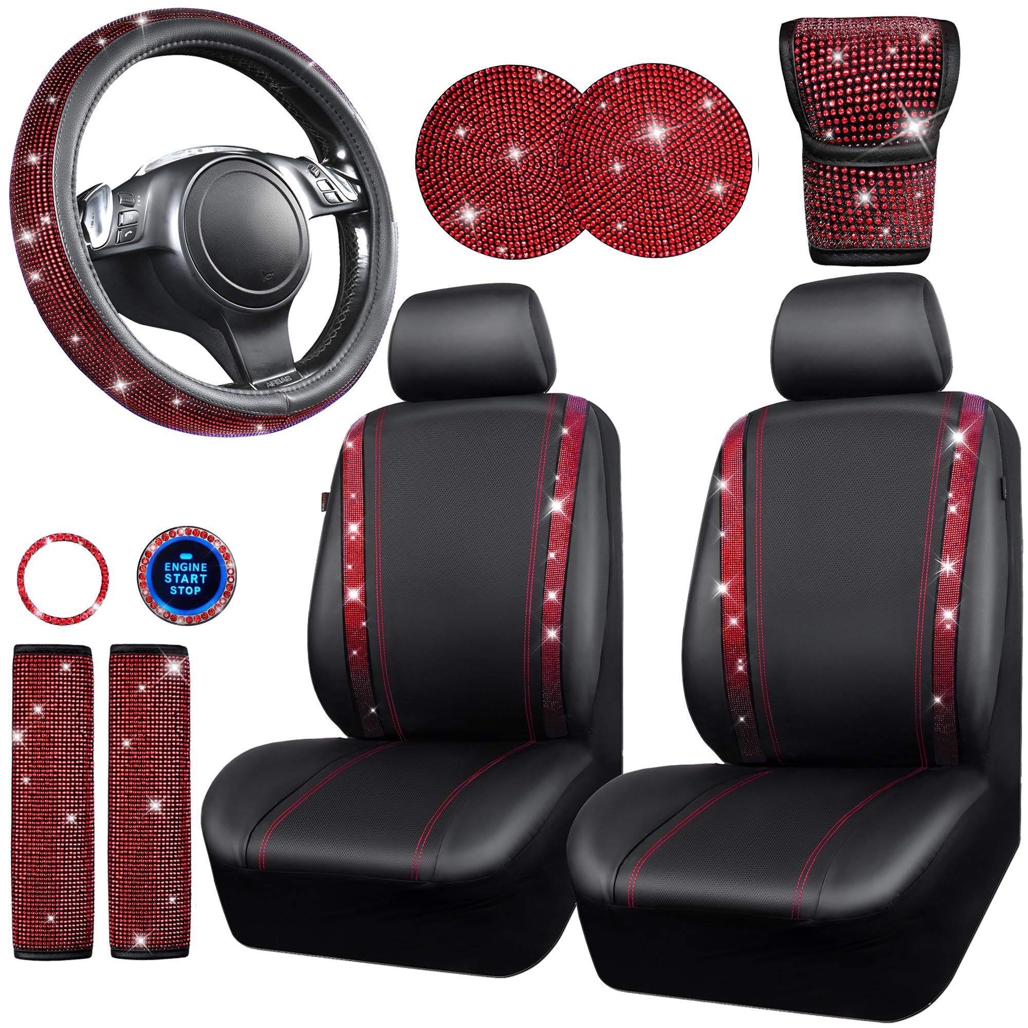 Car Pass Leather Red Diamond Seat Cover Set, 11Pcs Including Steering Wheel & Gear Cover, For Women, Universal Fit